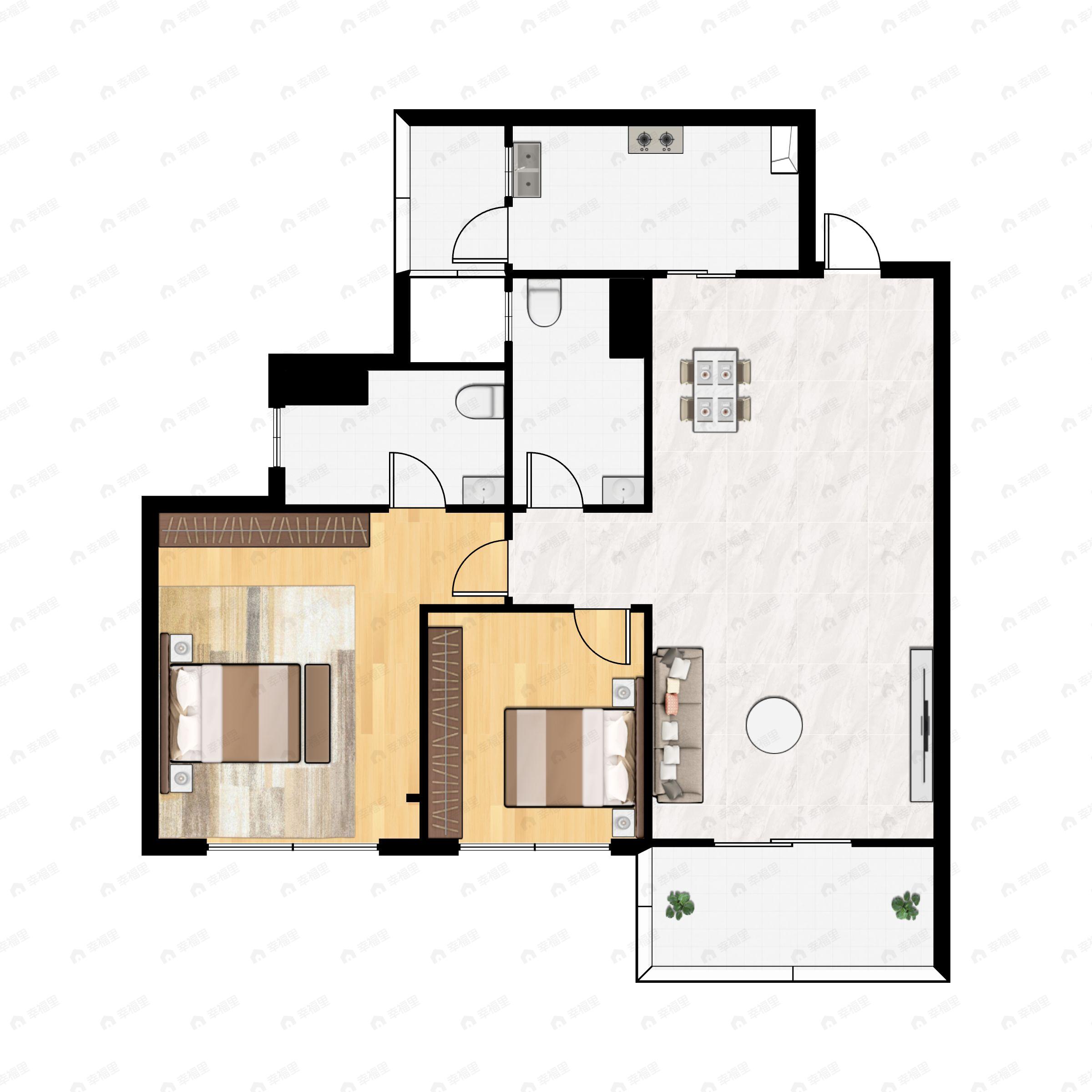 2室2厅2卫建面87平户型图