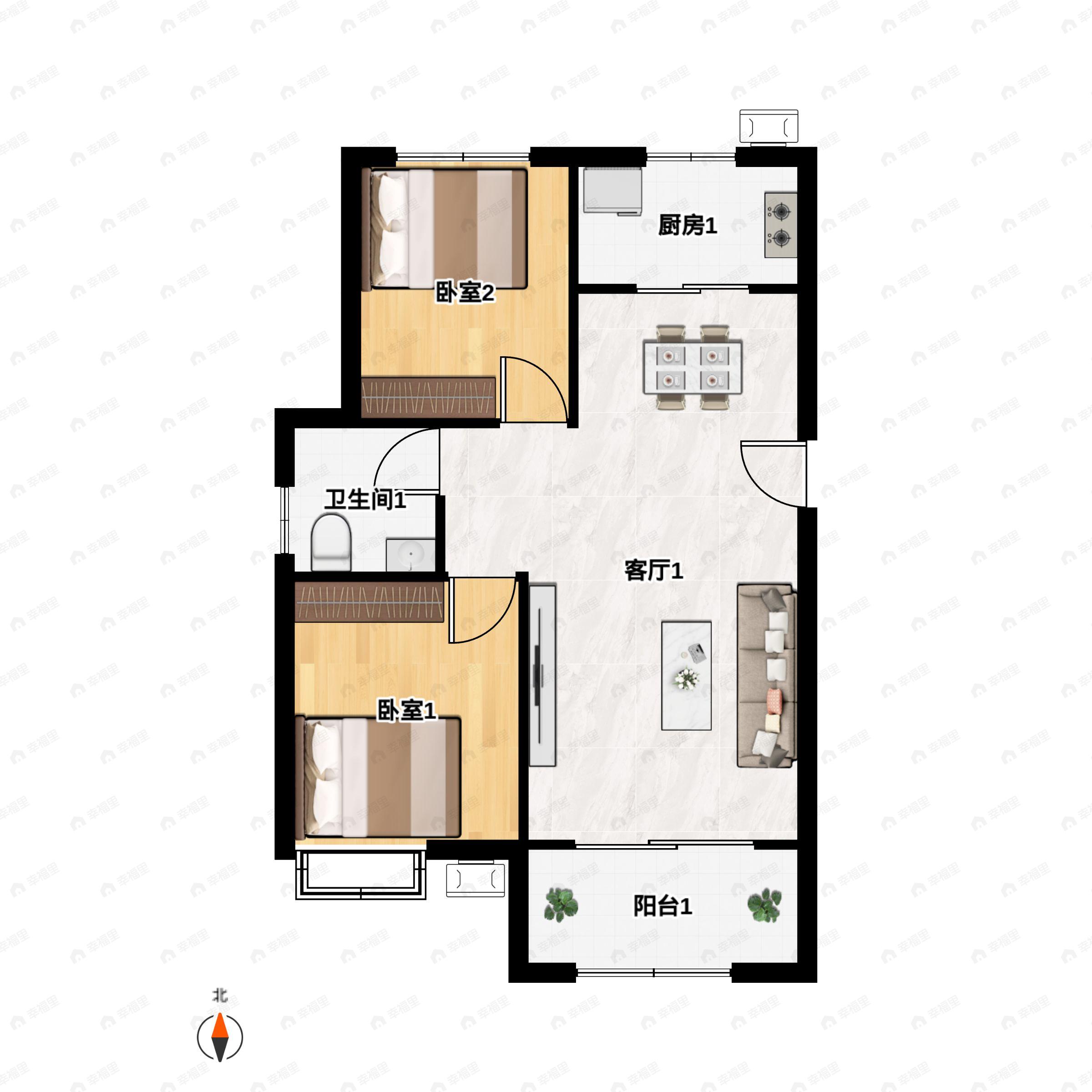 2室2厅1卫建面94平南户型图