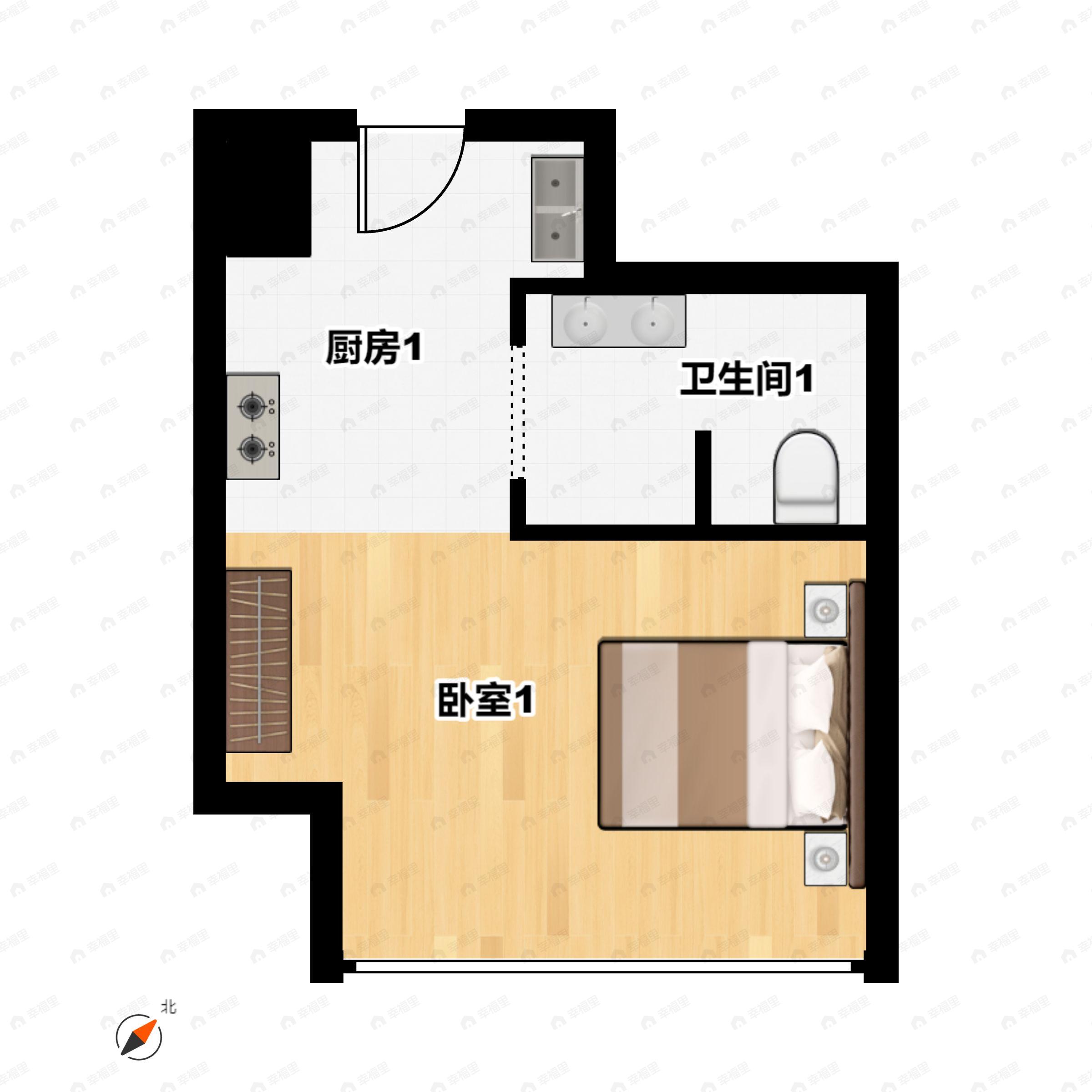 1室1厅1卫建面44m²西南户型图