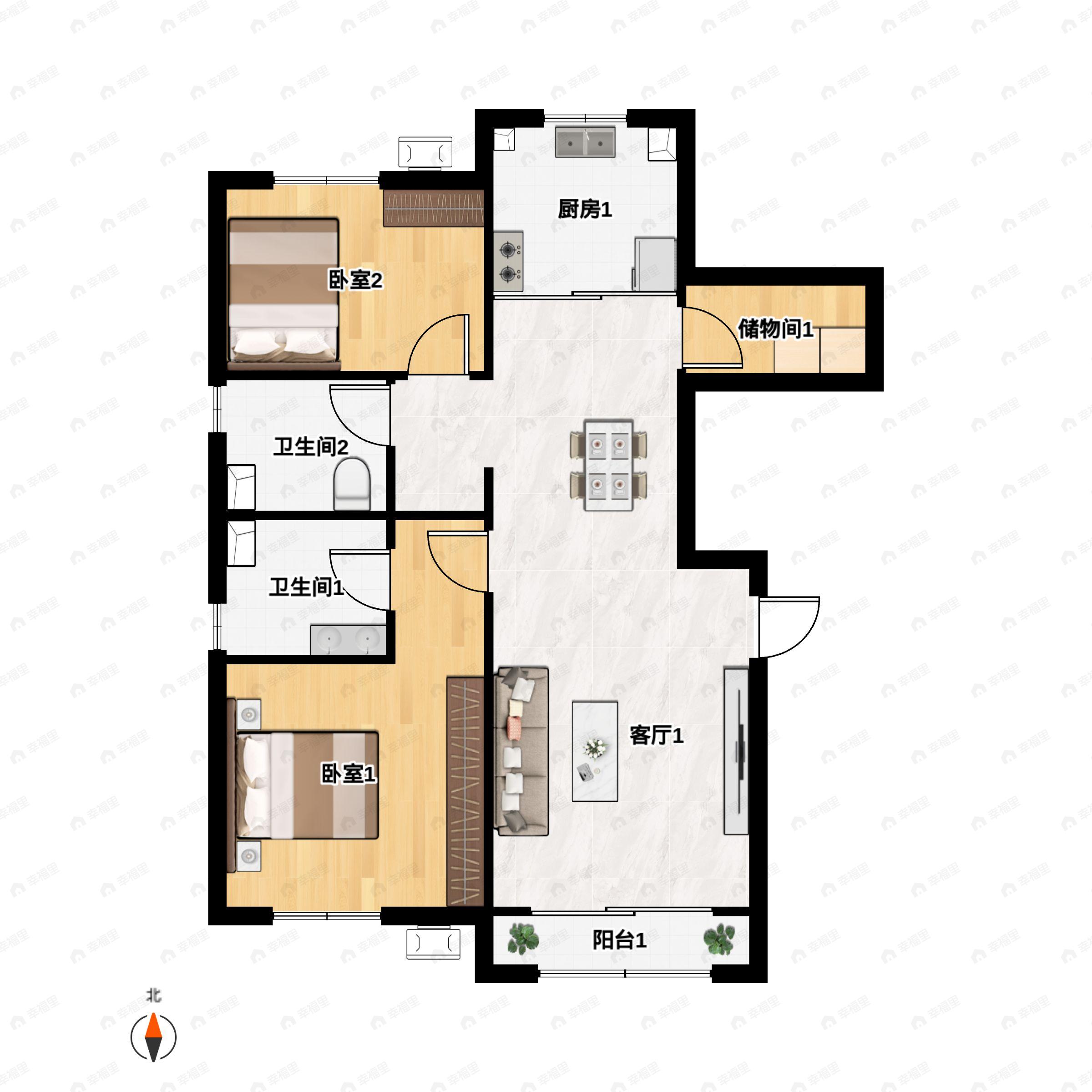 2室2厅2卫建面98平户型图