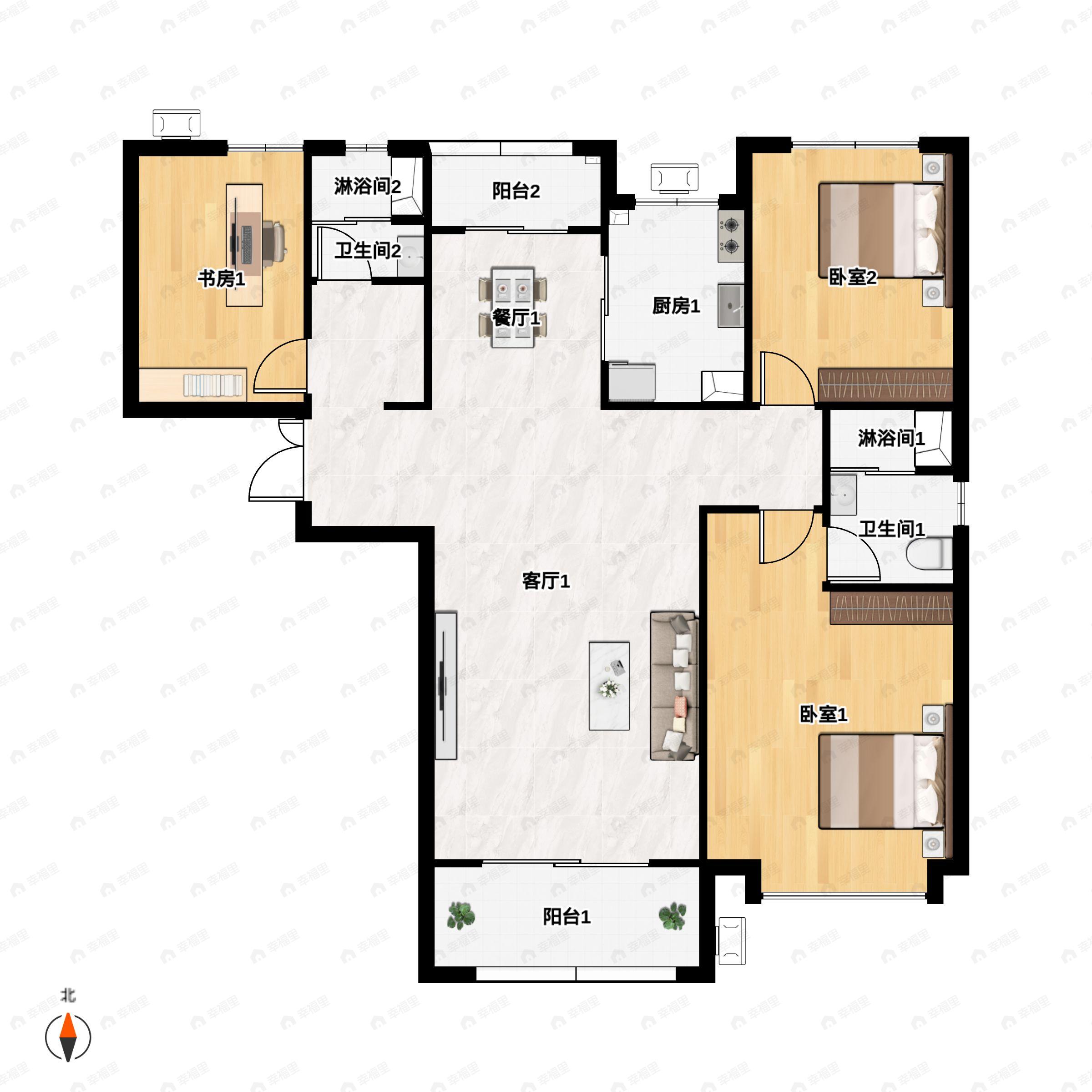 3室2厅2卫建面128平南|北户型图