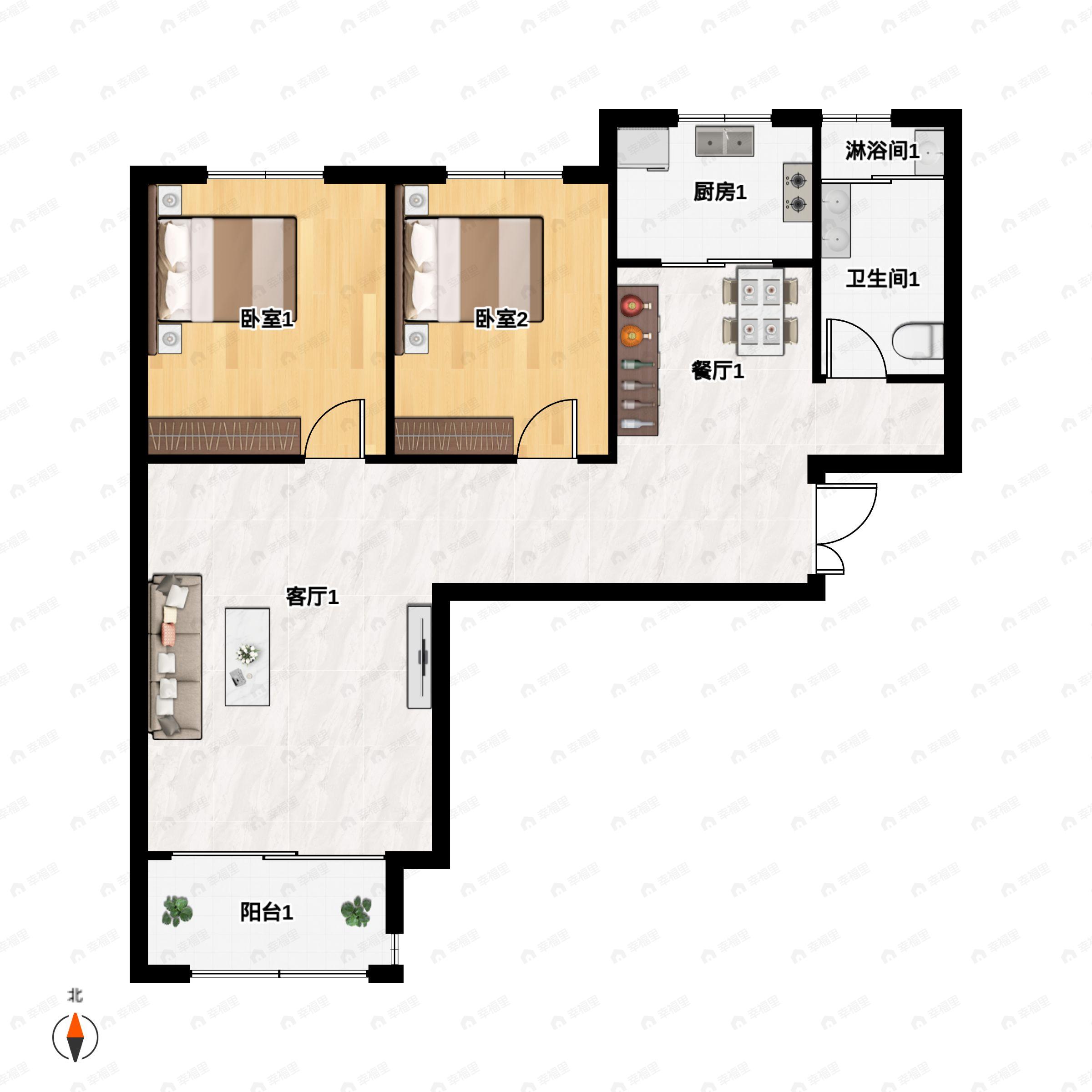 2室2厅1卫建面89m²南|北户型图