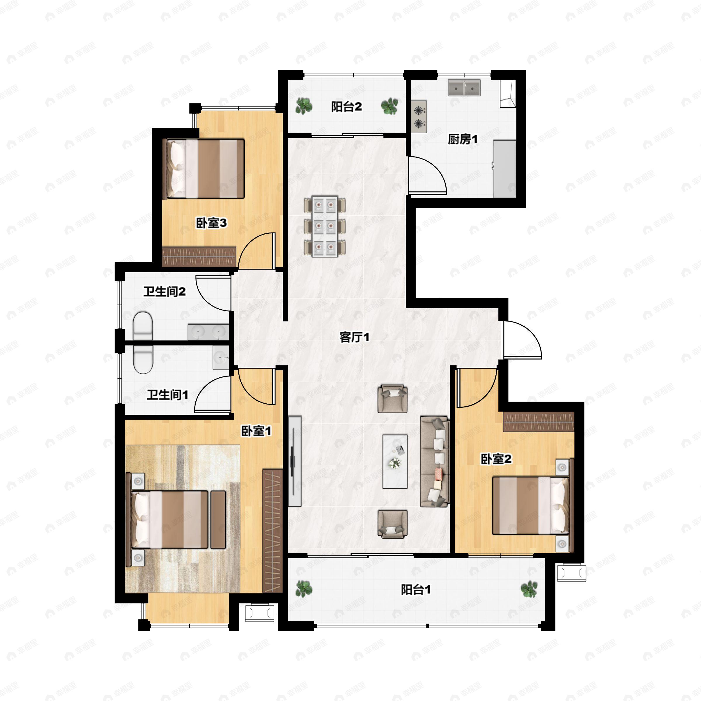 3室2厅2卫建面118平南户型图