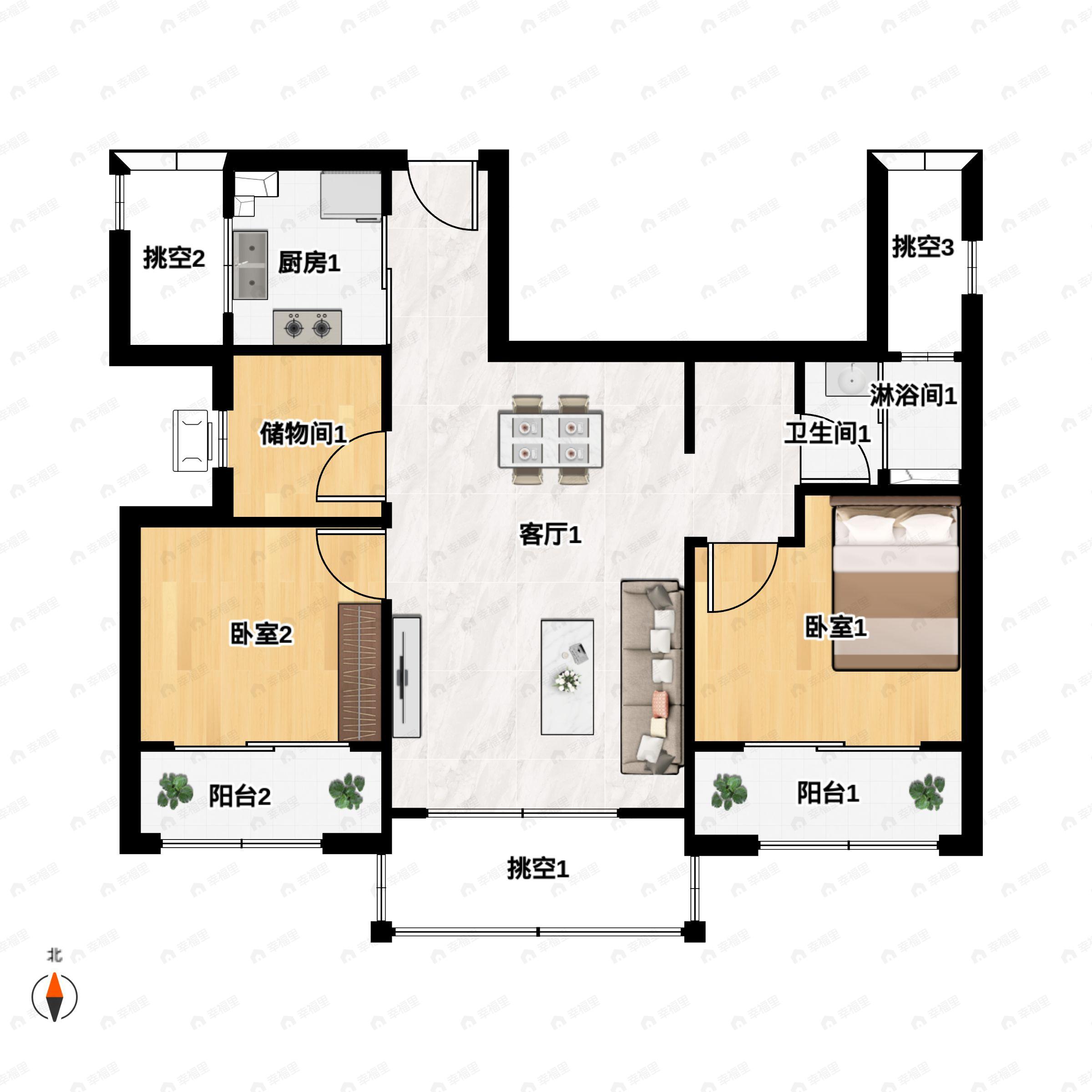 2室1厅1卫建面86m²南户型图
