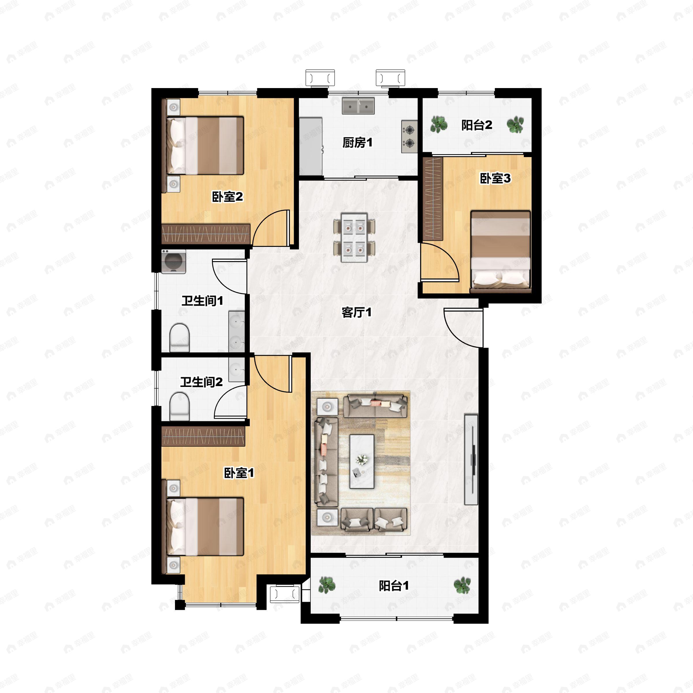 3室2厅2卫建面137m²南户型图