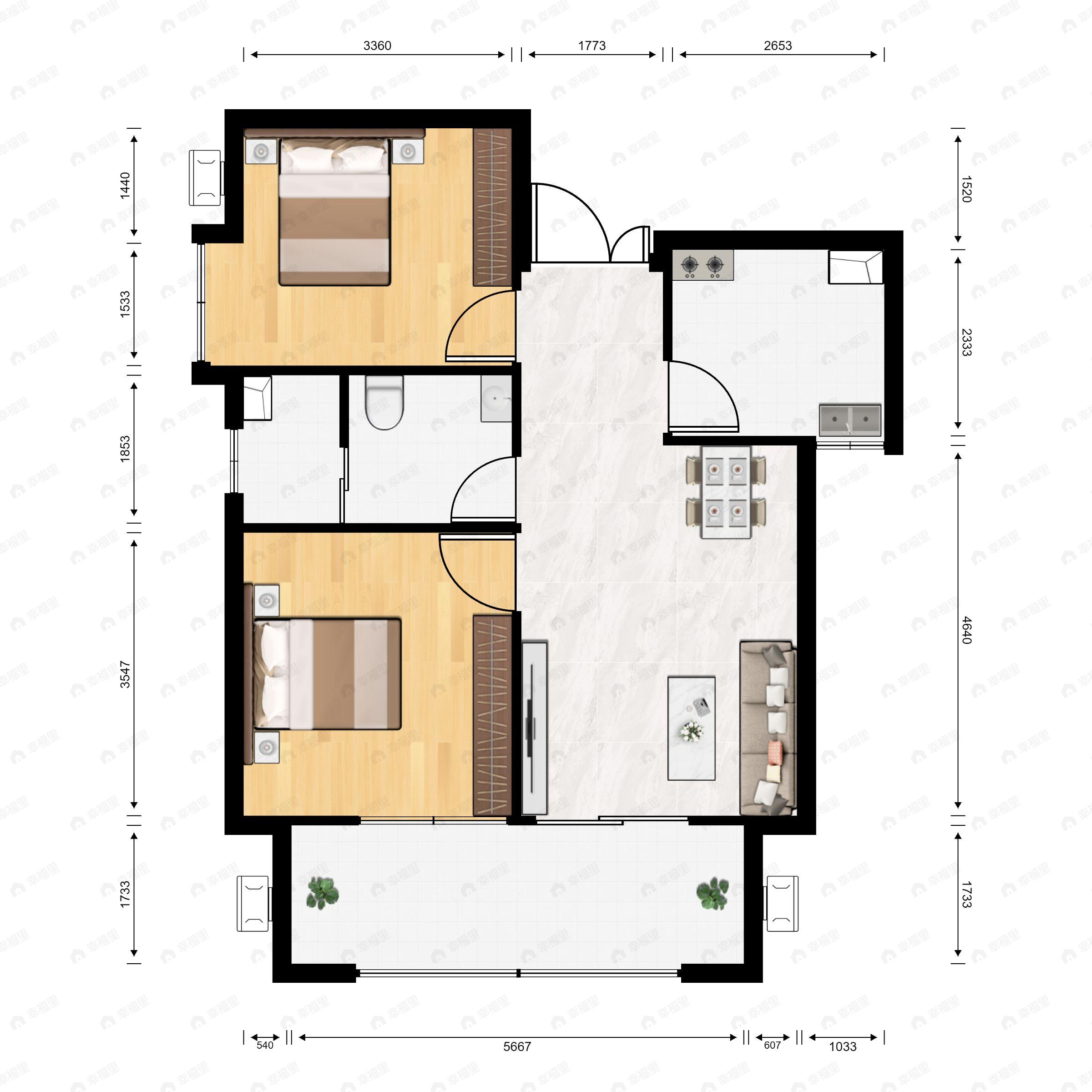 2室2厅1卫建面86m²南|北户型图