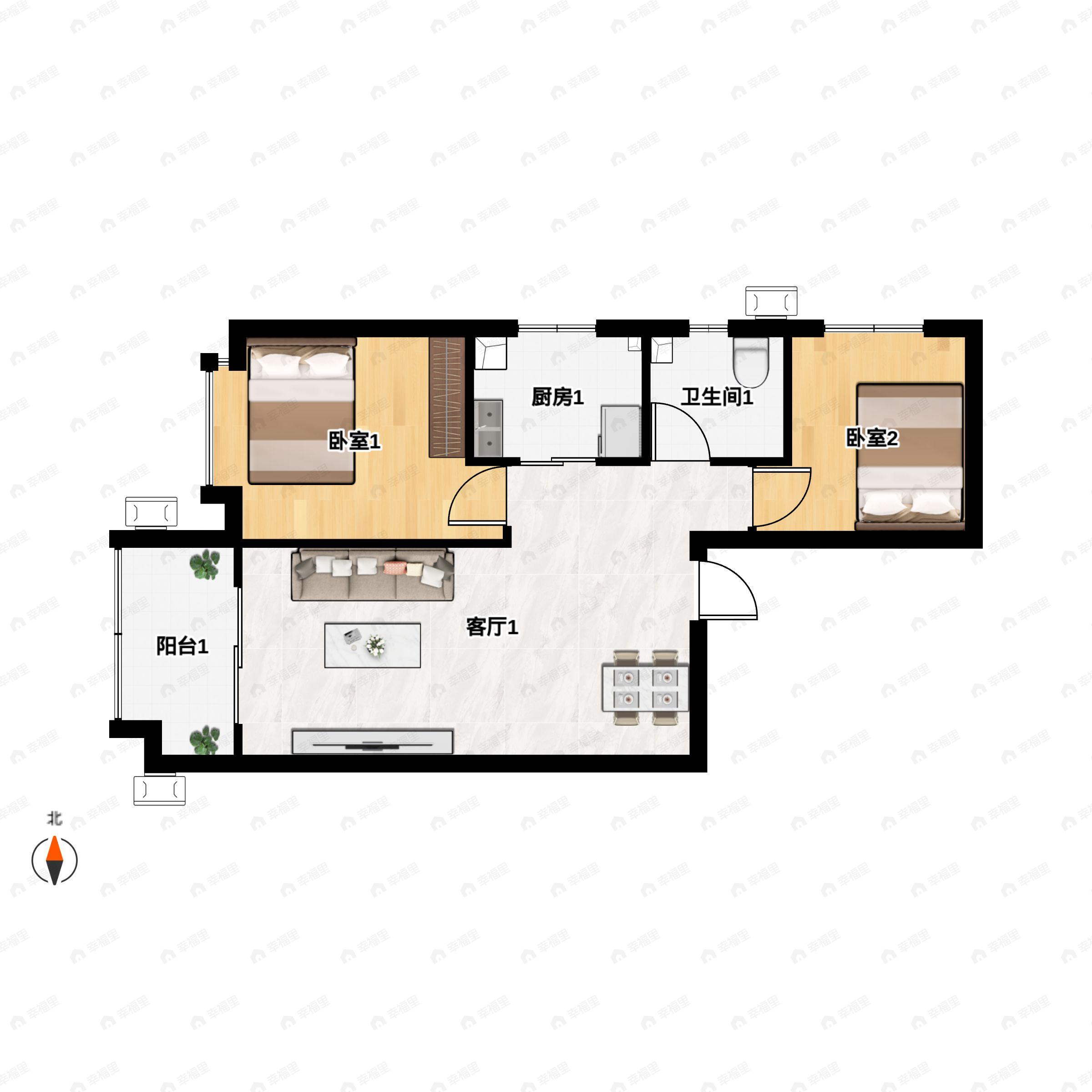 2室1厅1卫建面79m²北|南户型图