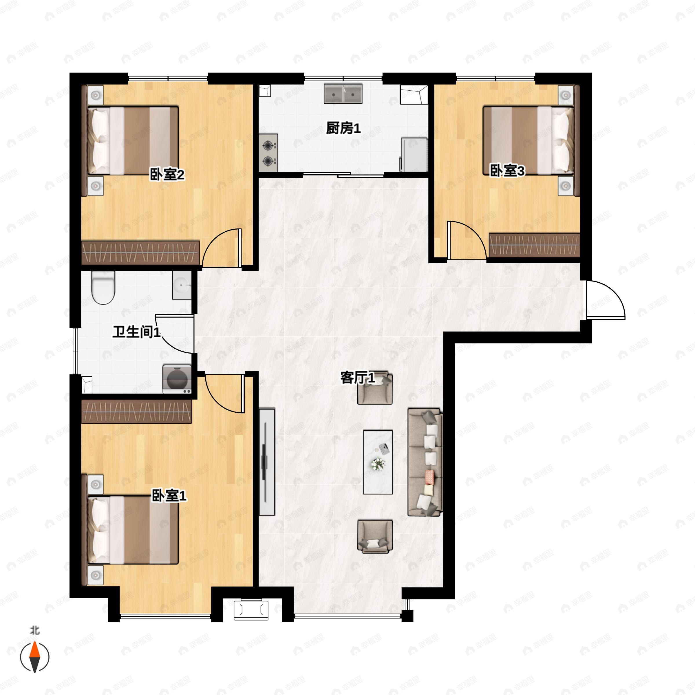 3室2厅1卫建面110平南|北户型图