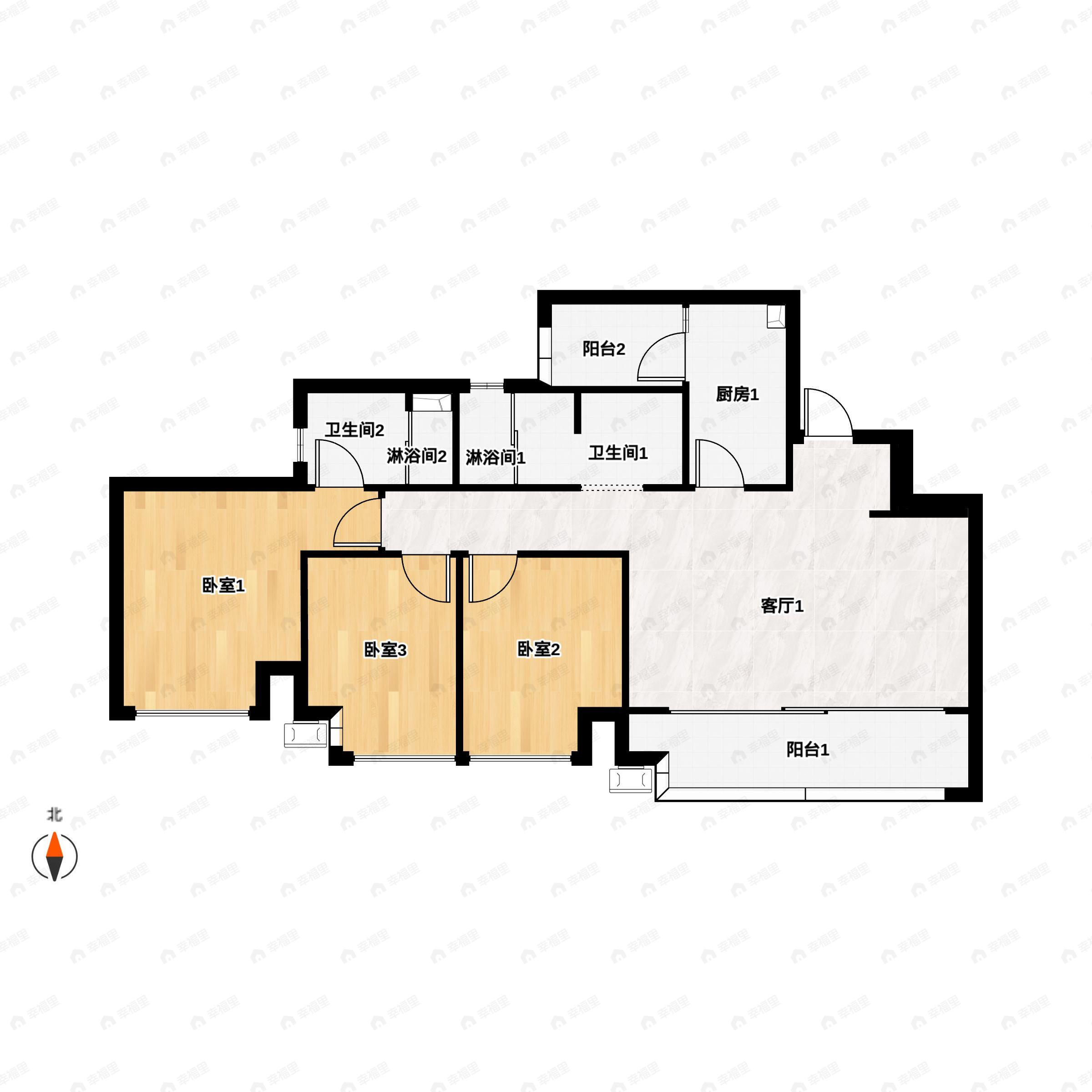 3室2厅2卫建面92m²户型图