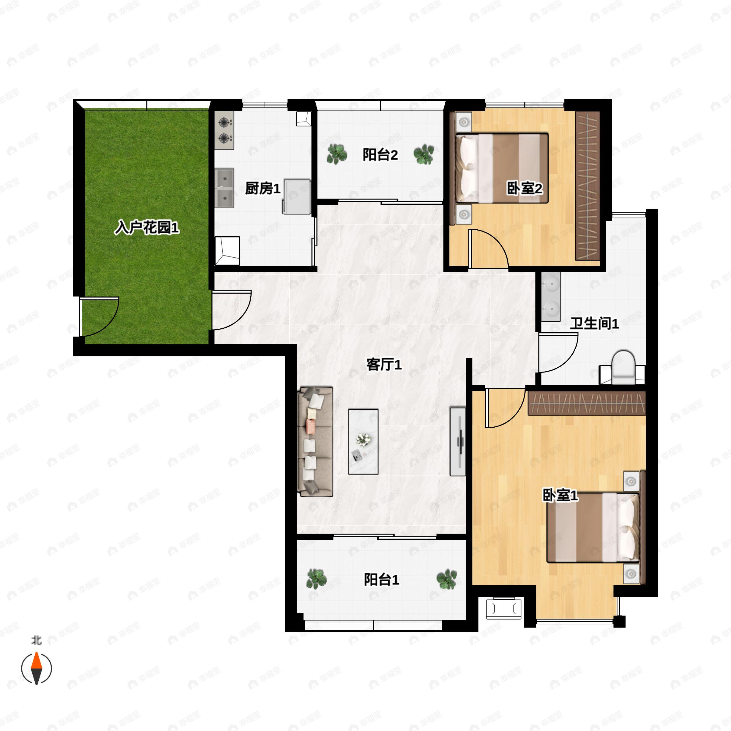 2室2厅2卫建面83平户型图