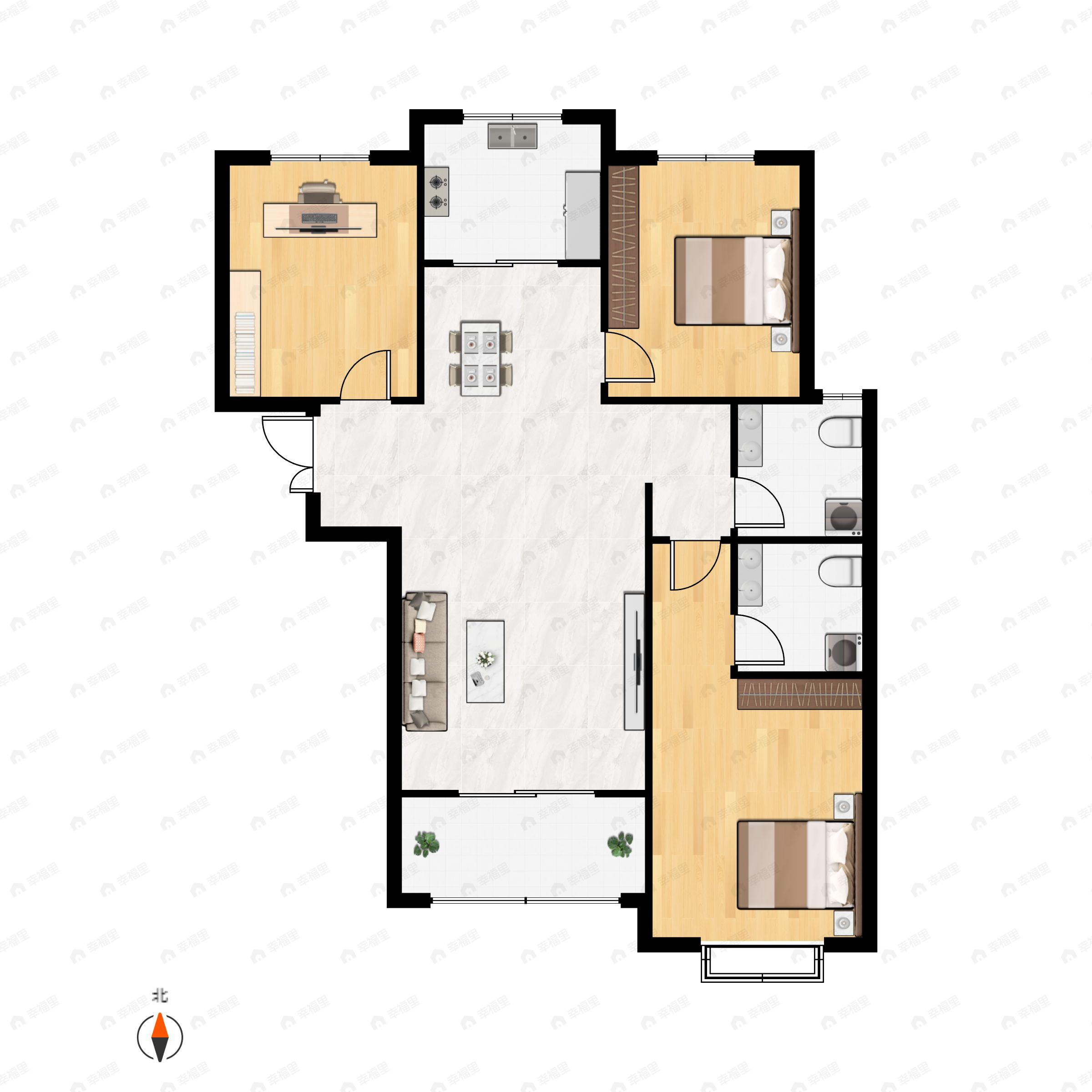 3室2厅2卫建面123平南|北户型图