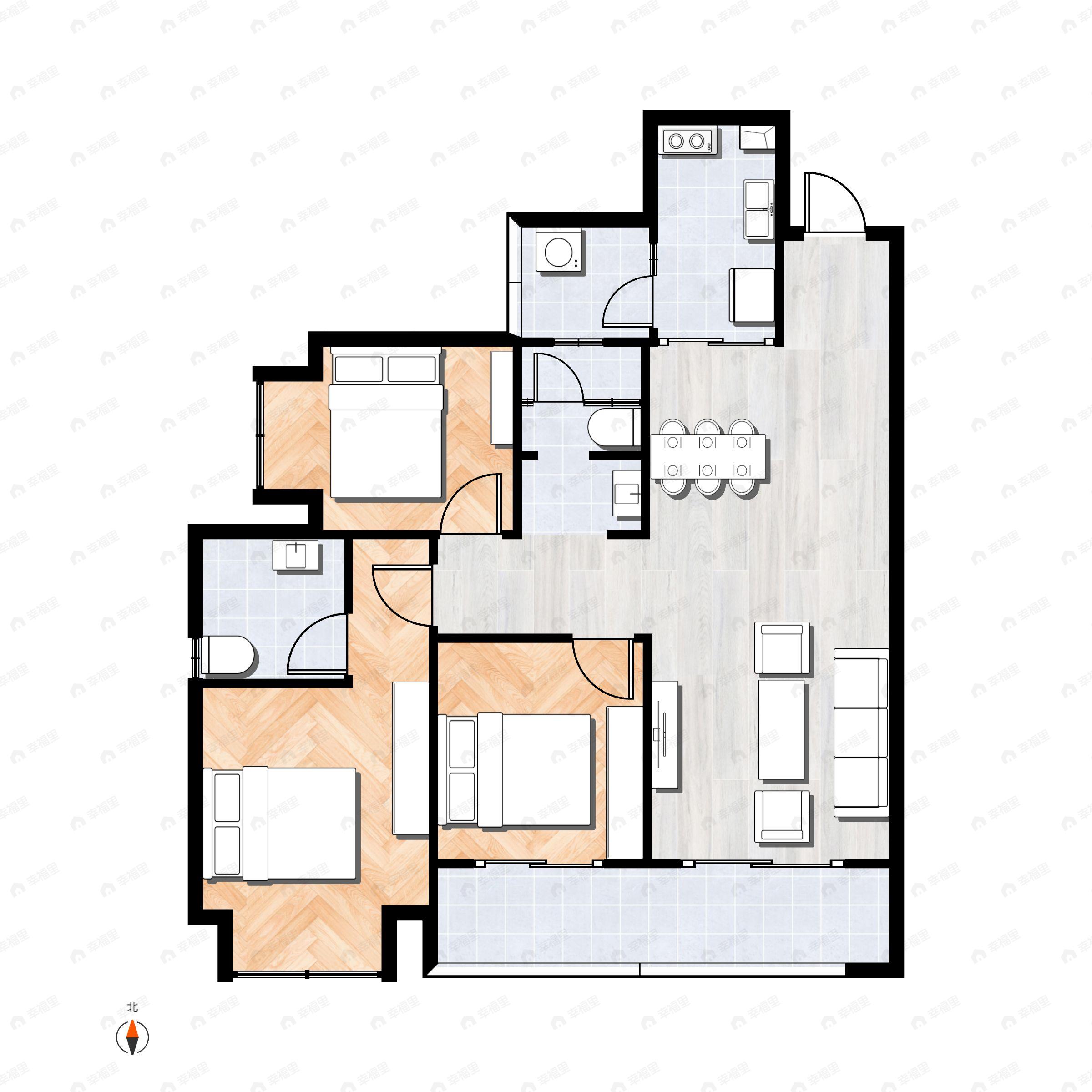 3室2厅2卫建面107平西|西南户型图