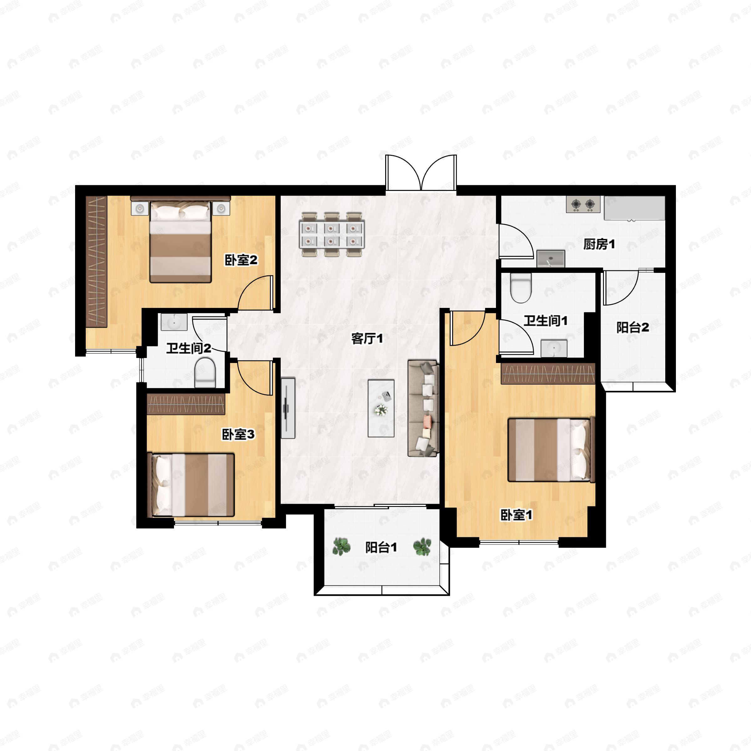3室2厅2卫建面85m²东南户型图
