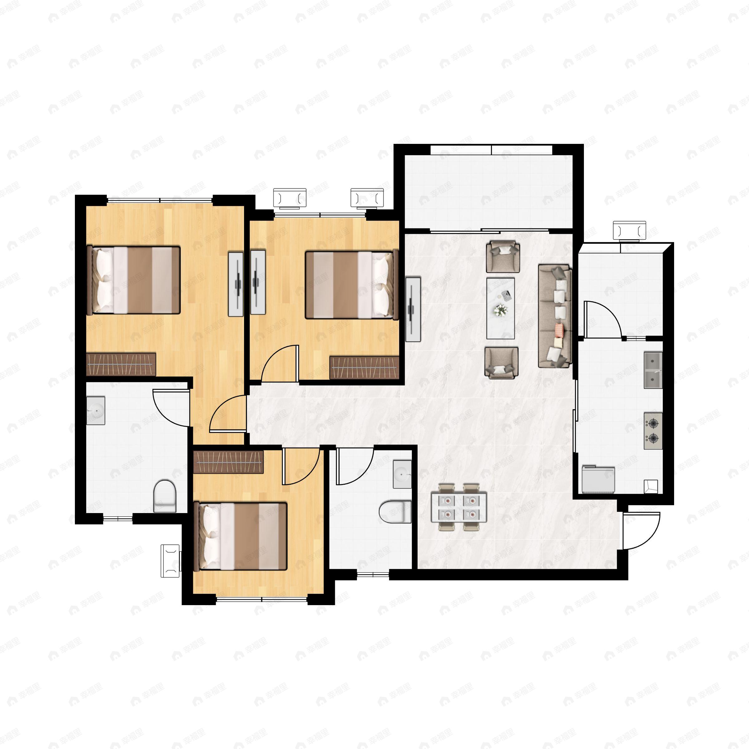 3室2厅2卫建面84平南户型图