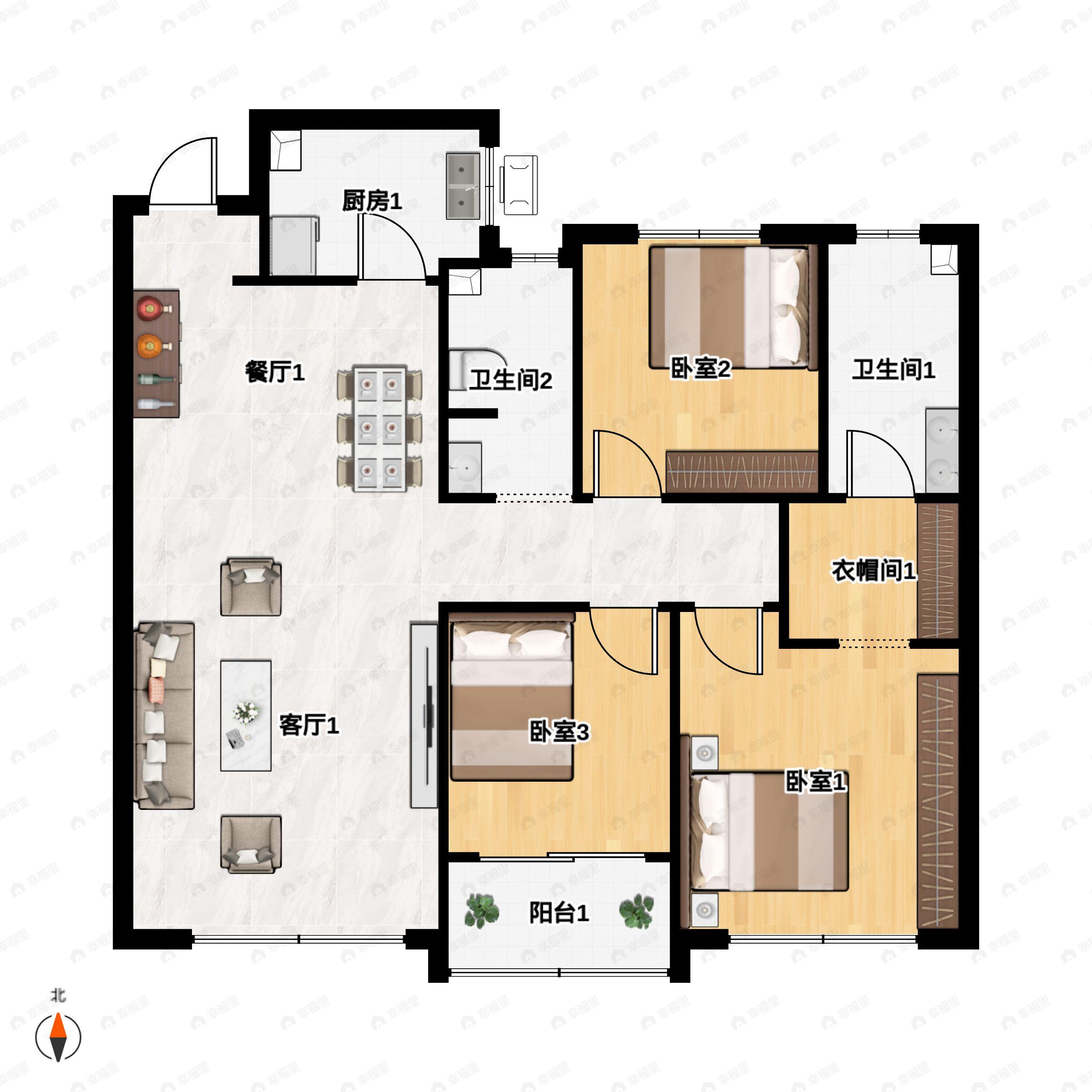 3室2厅2卫建面123m²户型图