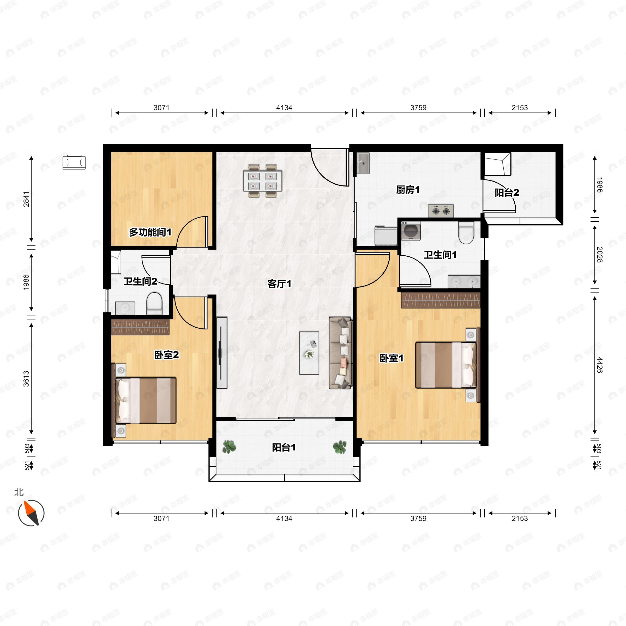 3室2厅2卫建面96m²南户型图