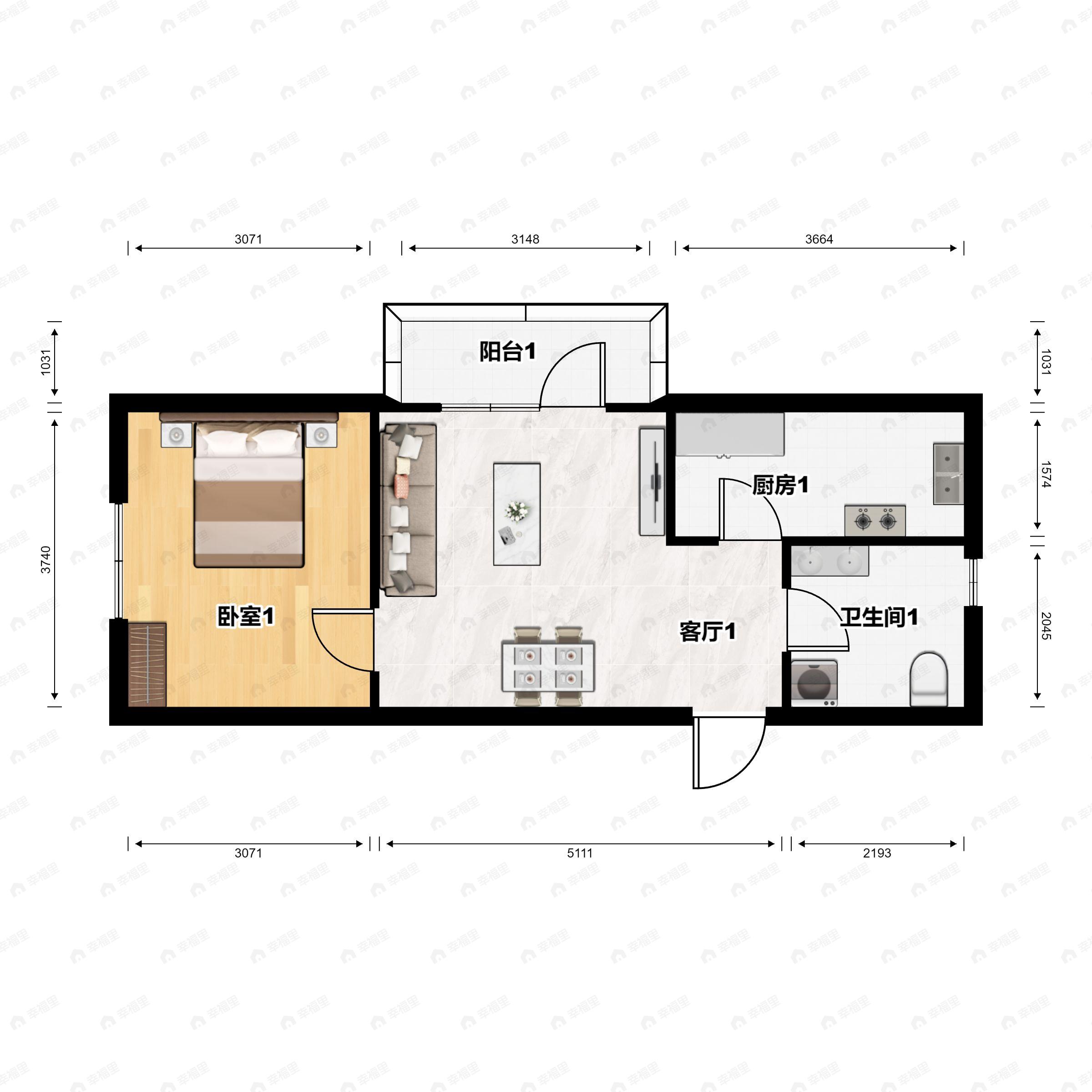 1室1厅1卫建面55平户型图