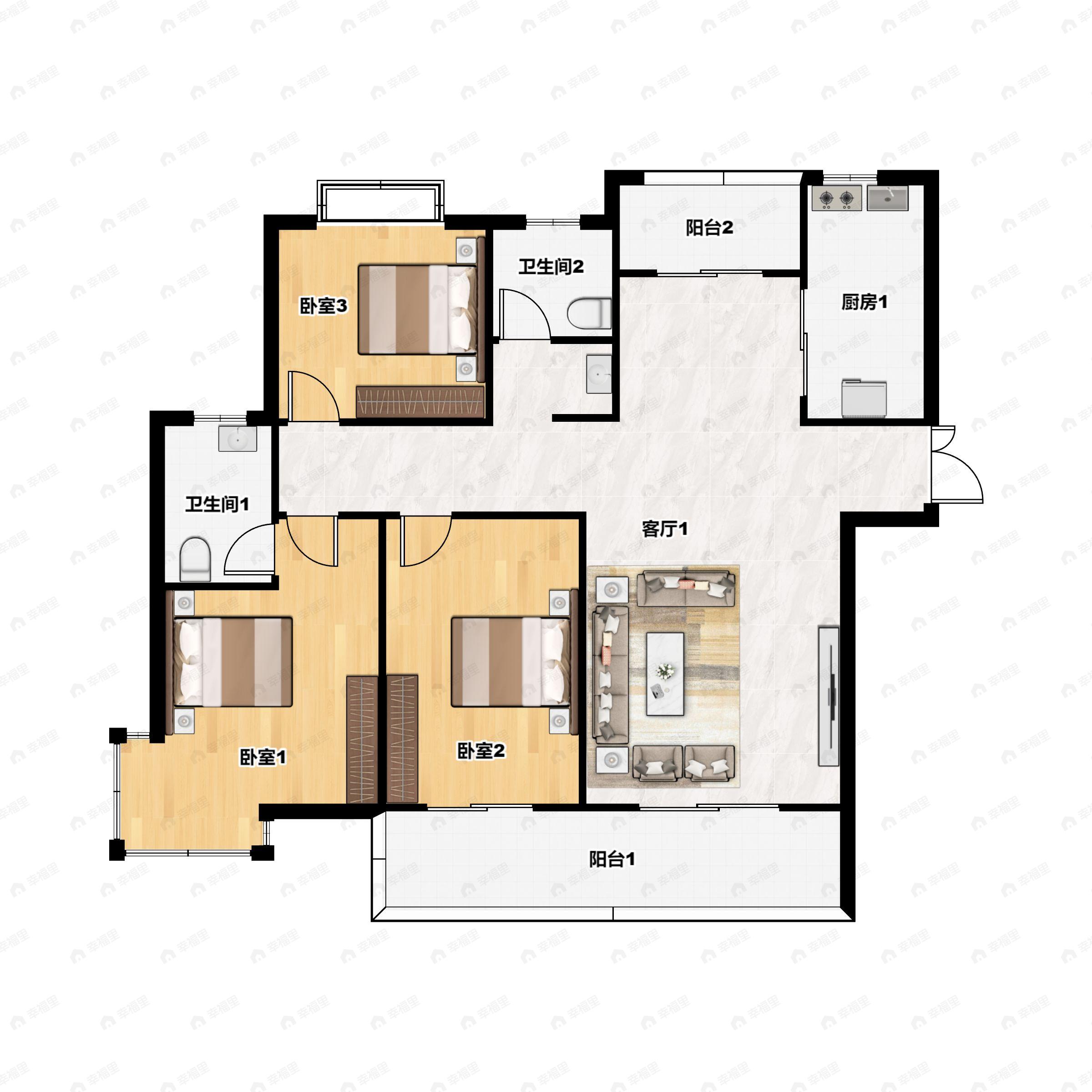 3室2厅2卫建面142m²东户型图