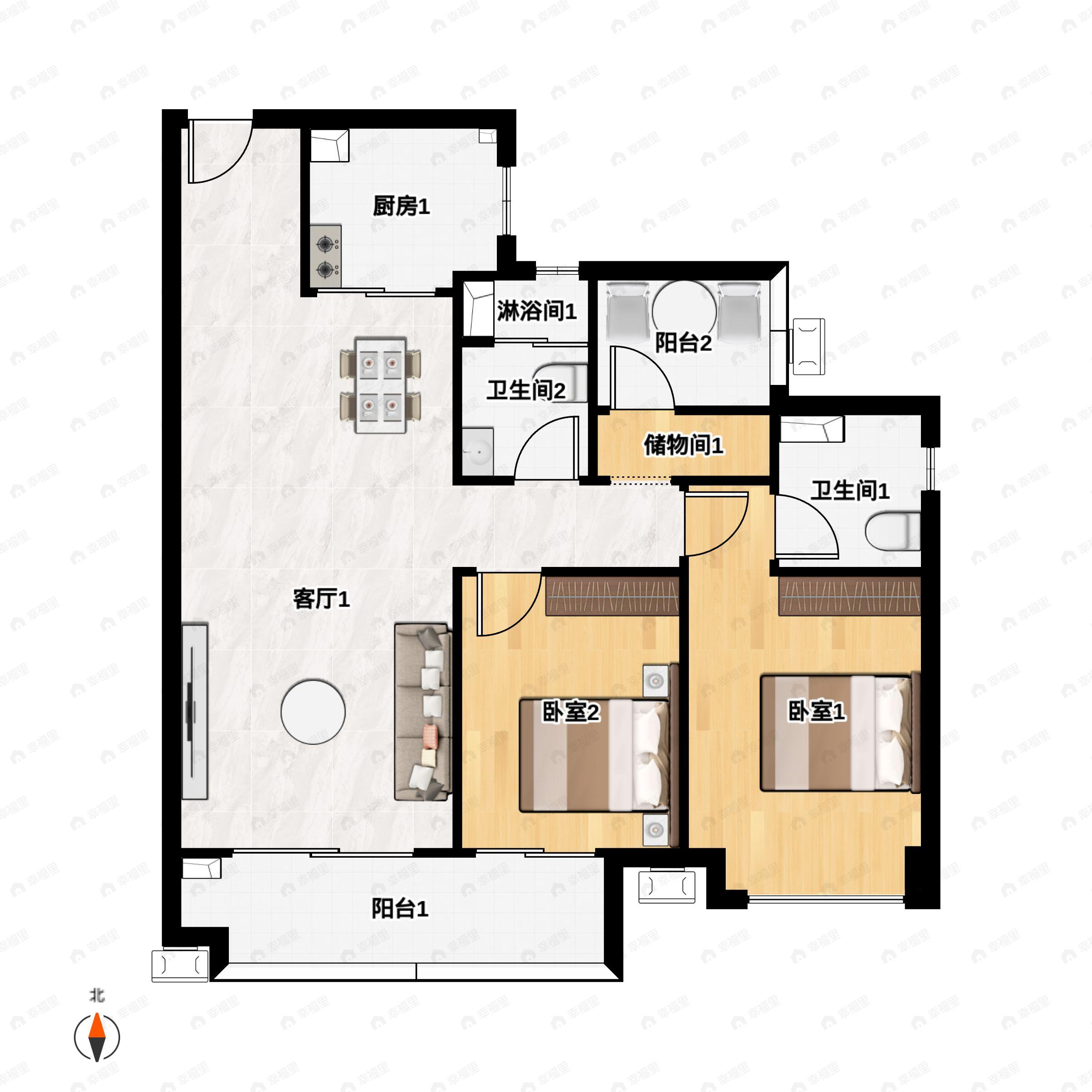 3室2厅2卫建面100平东南户型图