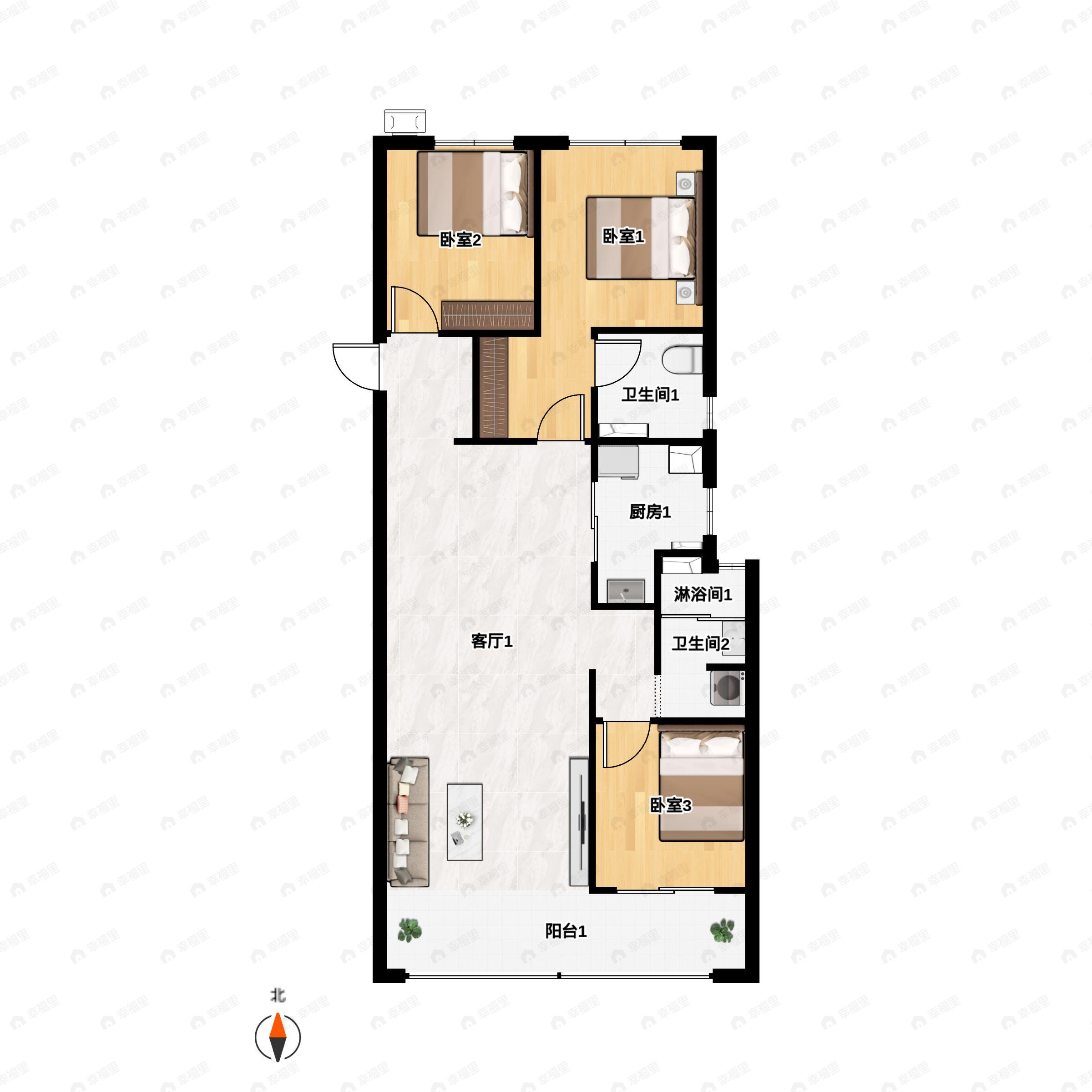 3室2厅2卫建面123m²南|北户型图