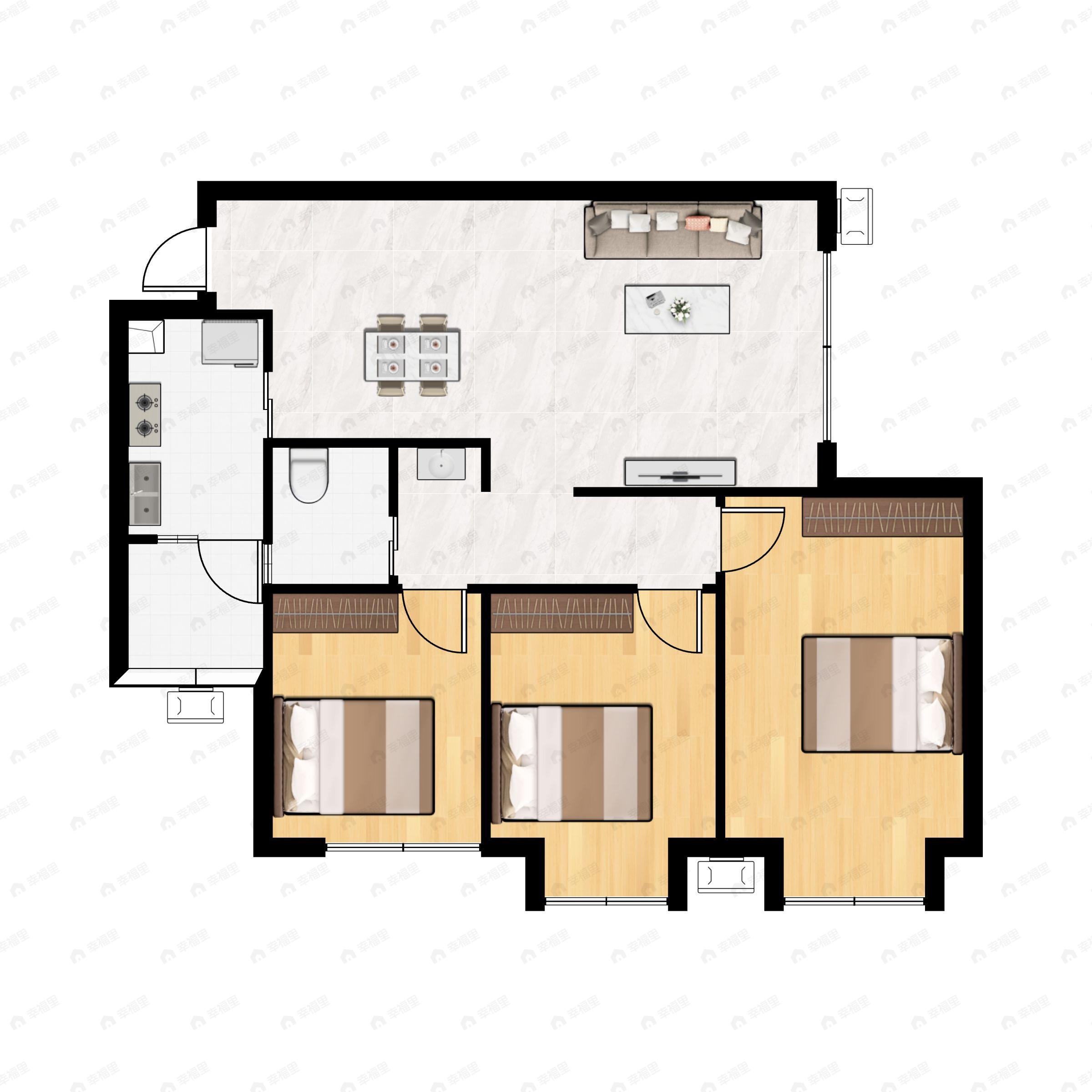 3室2厅1卫建面82平南户型图