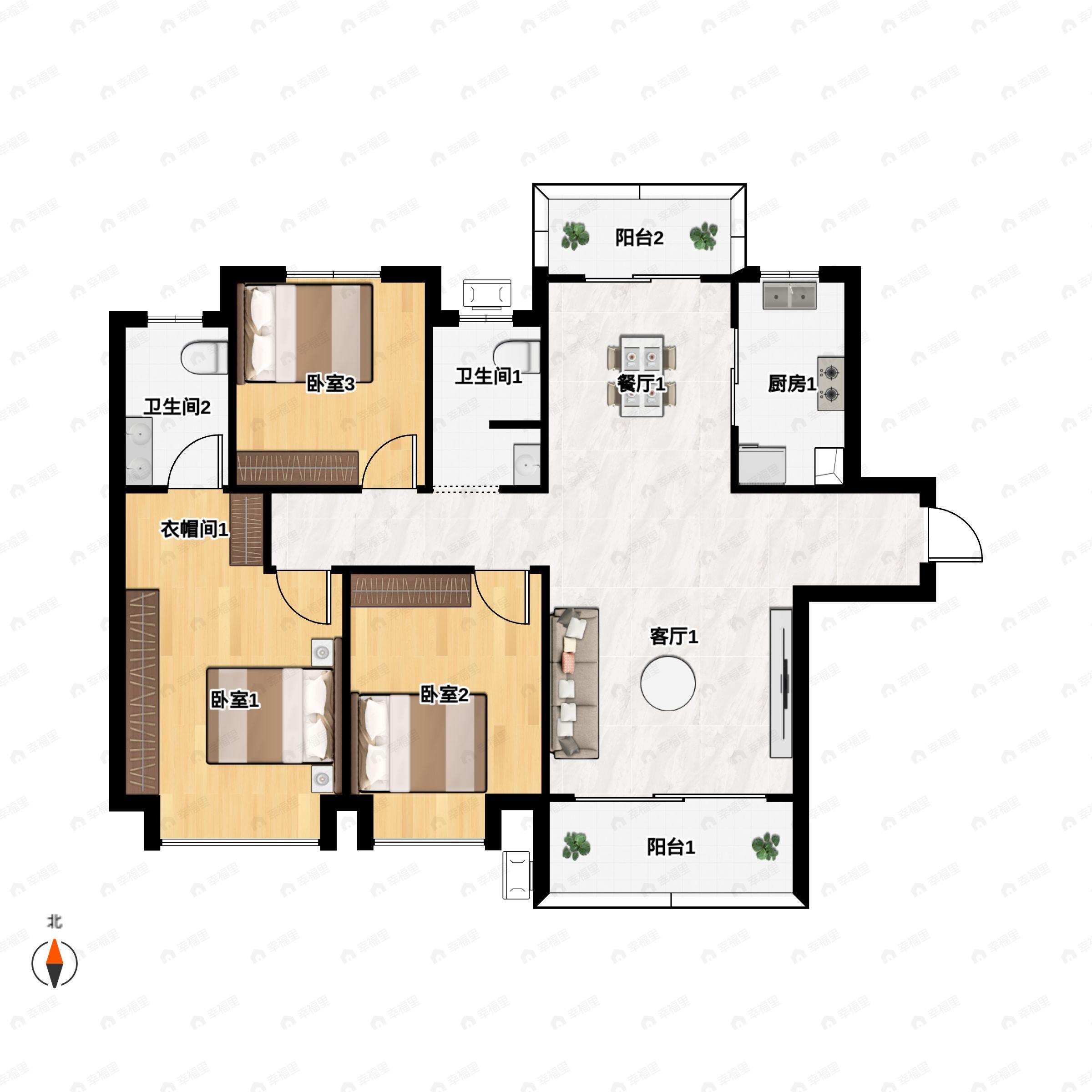 3室2厅2卫建面125m²北|南户型图