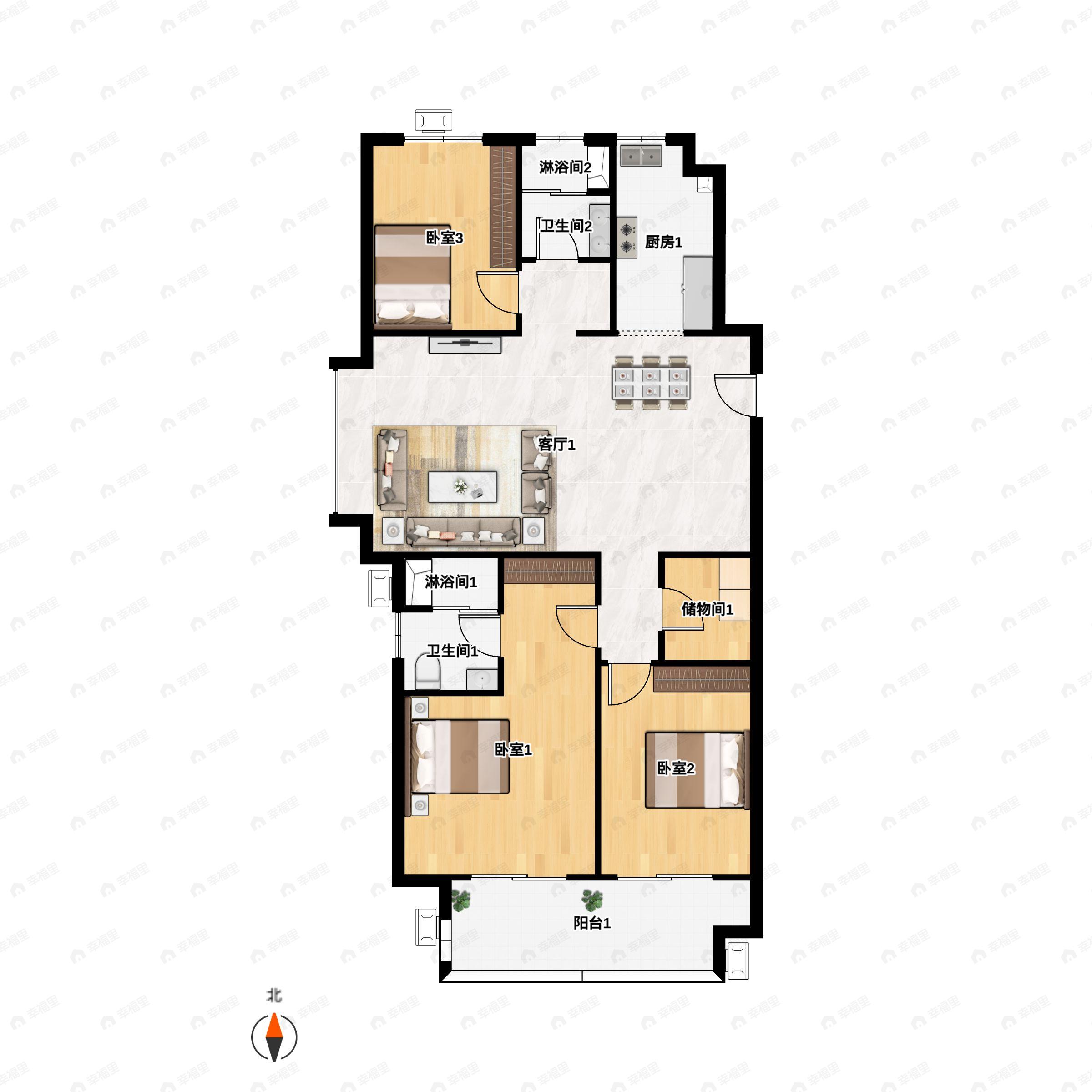 3室2厅2卫建面129平户型图