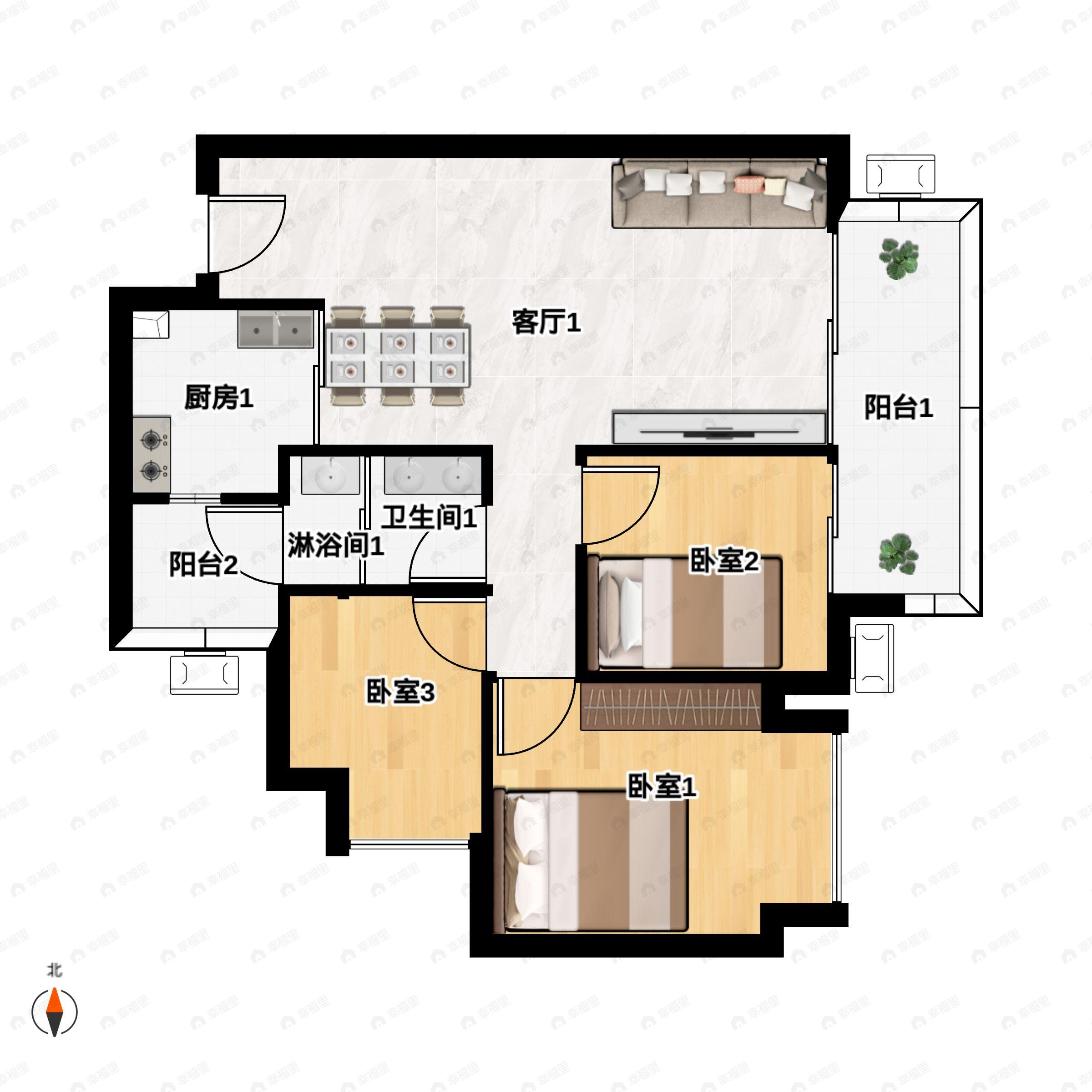 3室2厅1卫建面88平南户型图