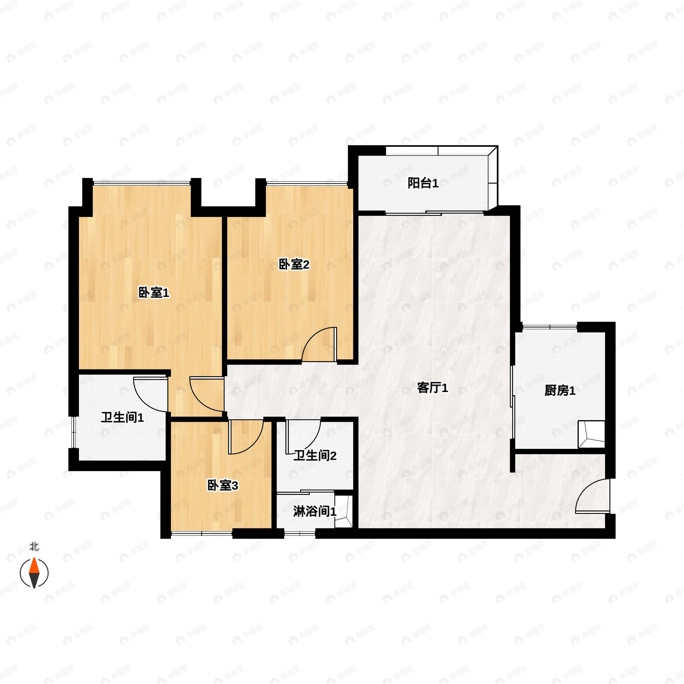 3室2厅2卫建面88m²南户型图