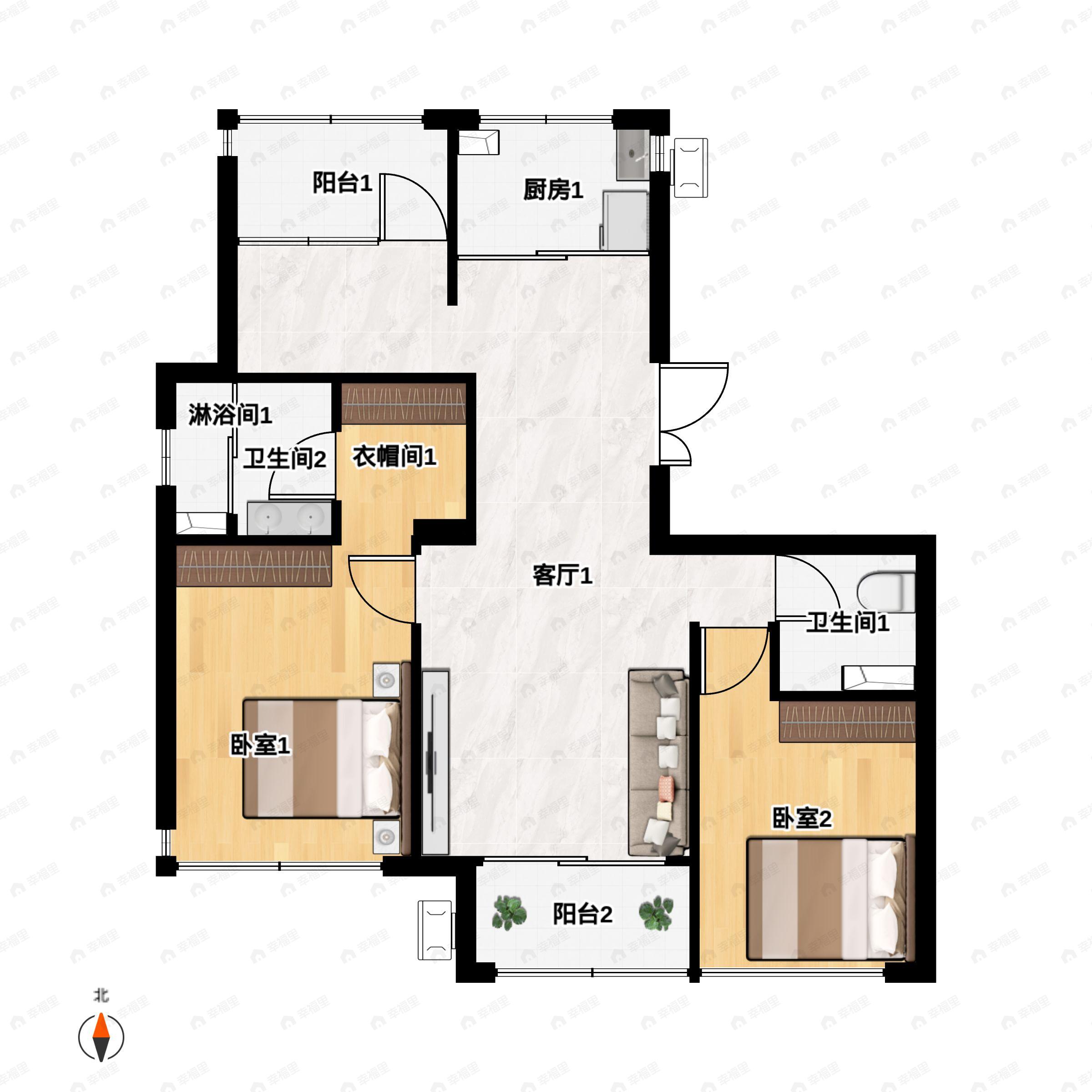 3室2厅2卫建面115m²南户型图
