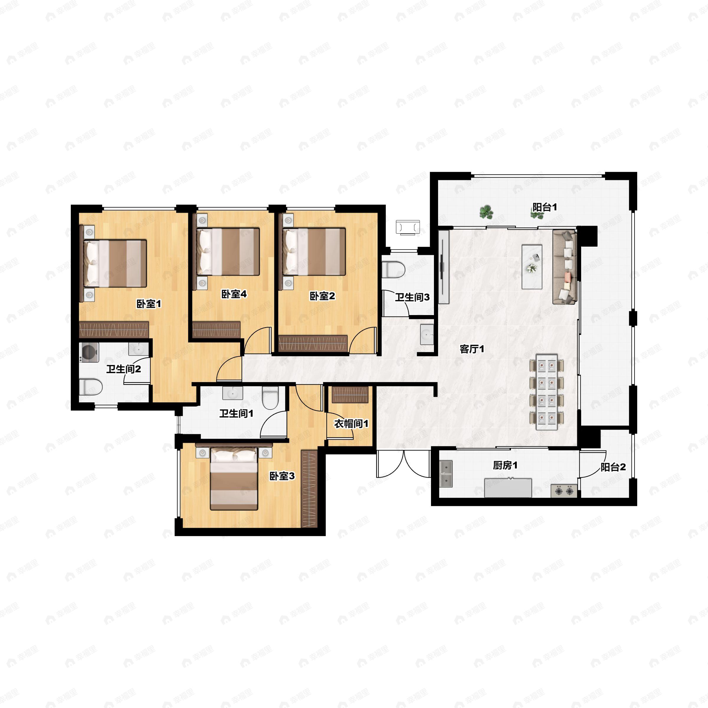 4室2厅3卫建面227m²南户型图