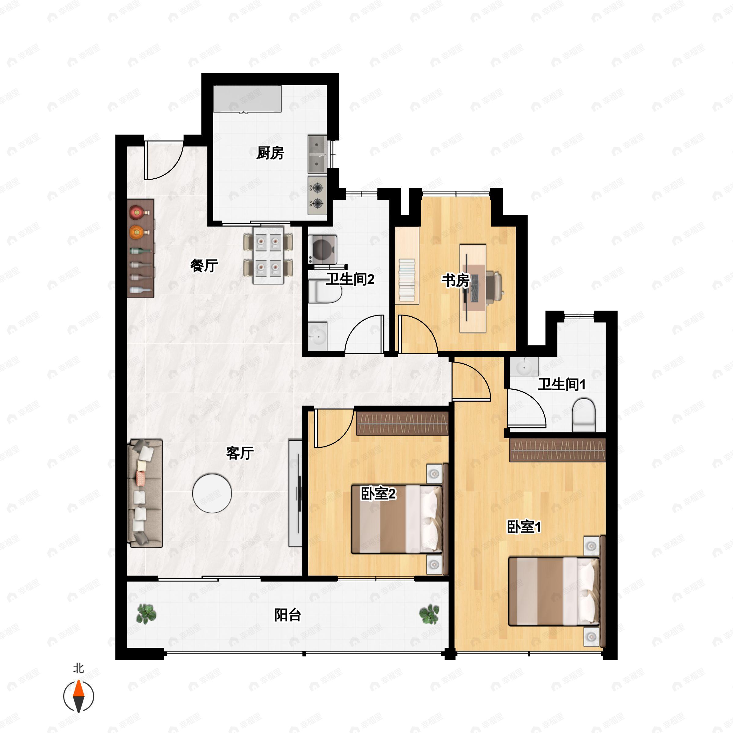 3室2厅2卫建面106平户型图