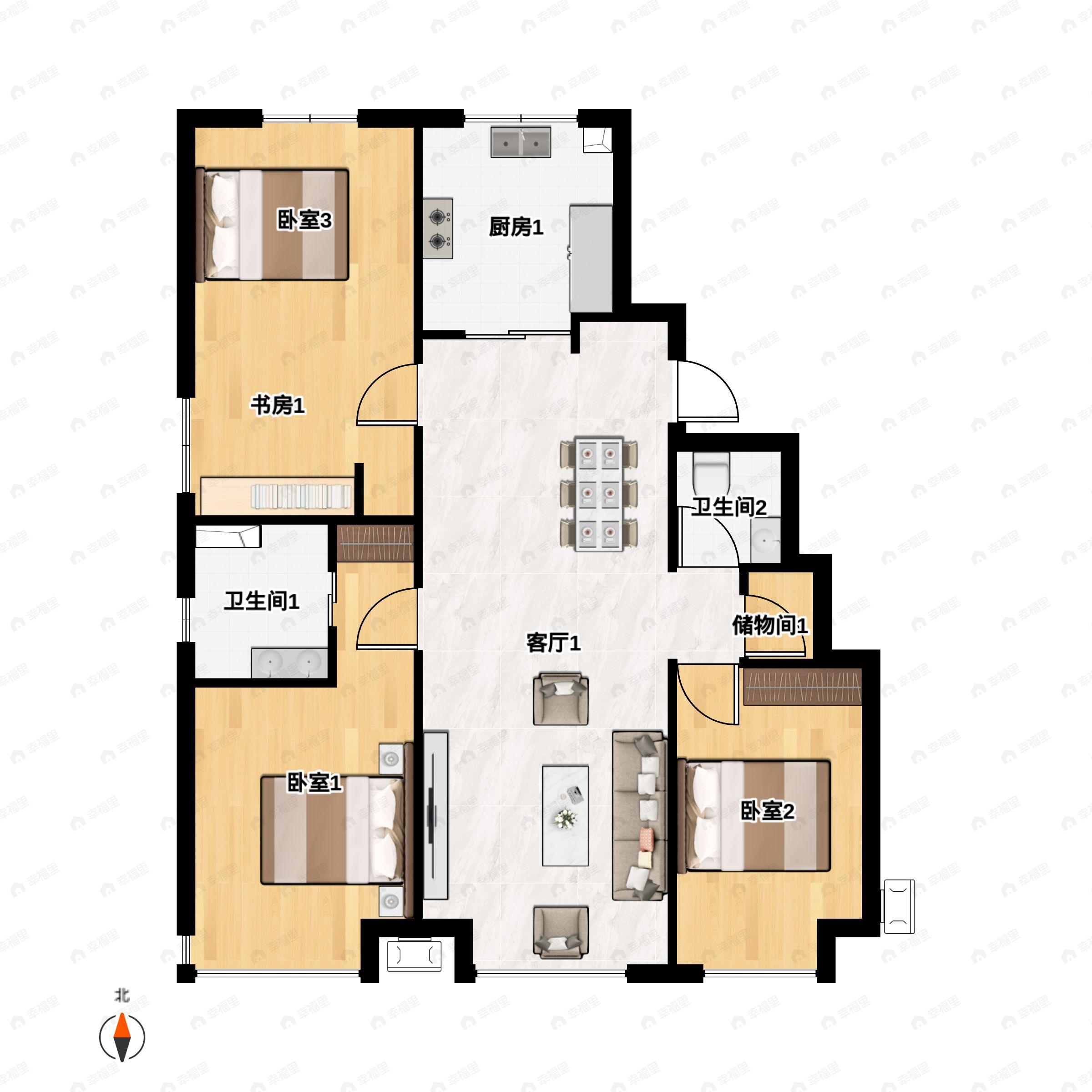 4室2厅2卫建面140平南|西|北户型图