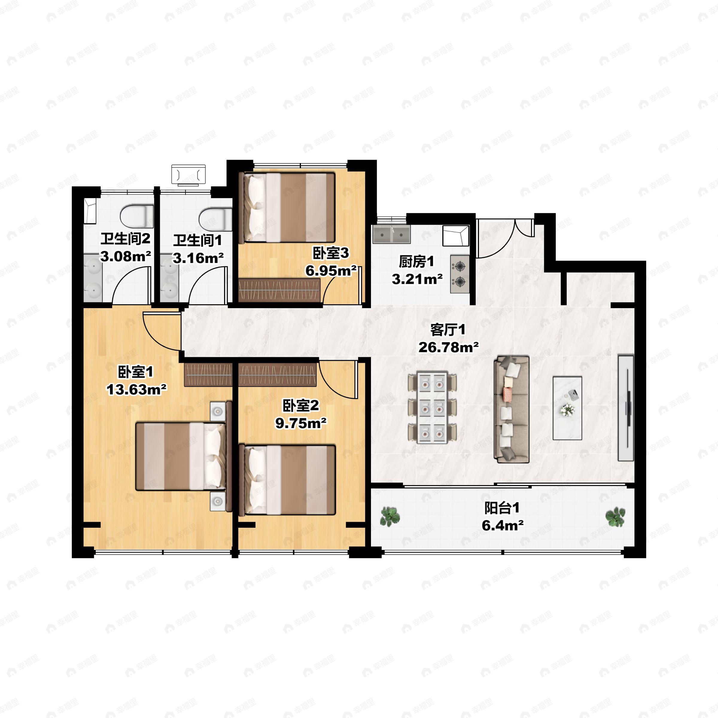 3室2厅2卫建面109m²南户型图