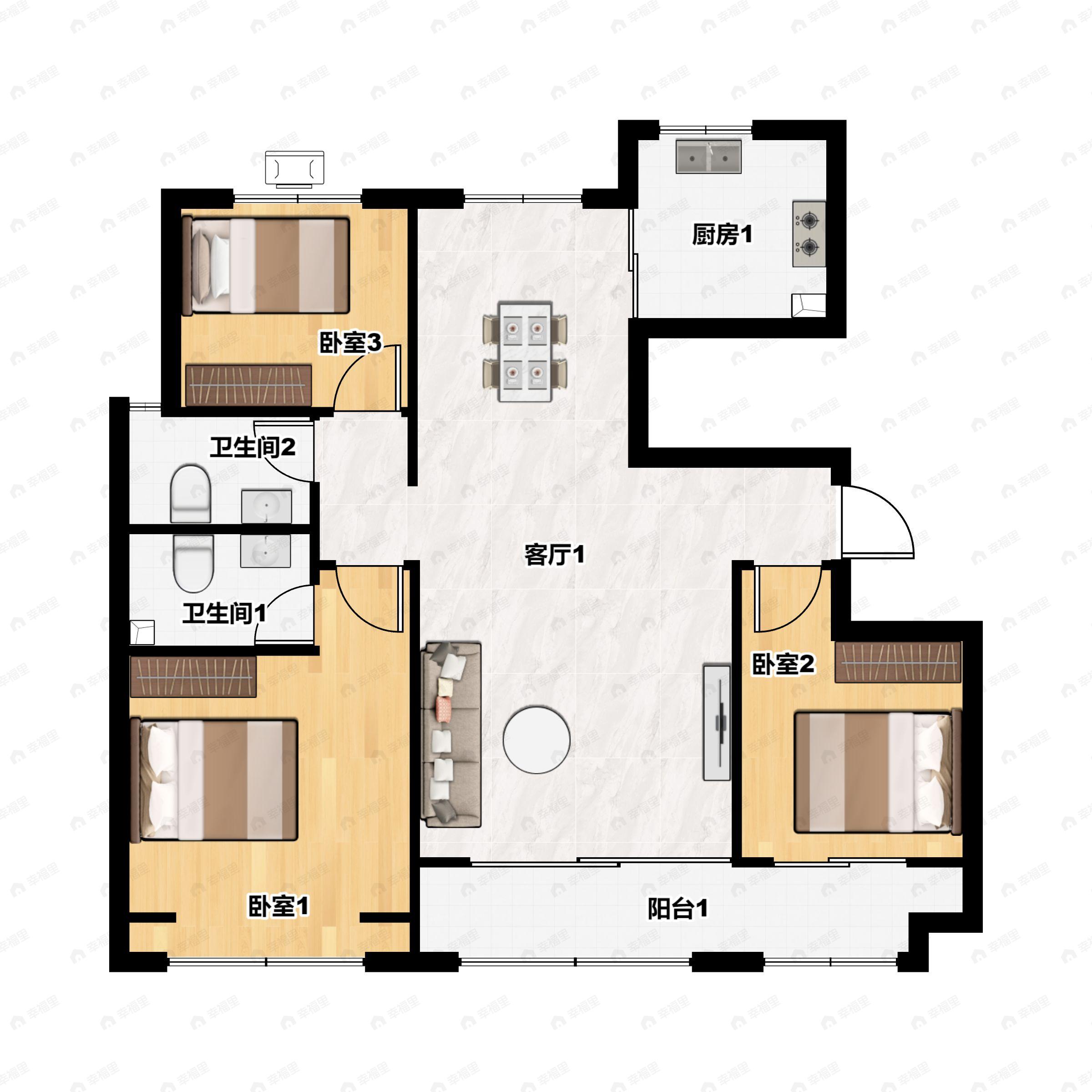 3室2厅2卫建面137m²南|北户型图