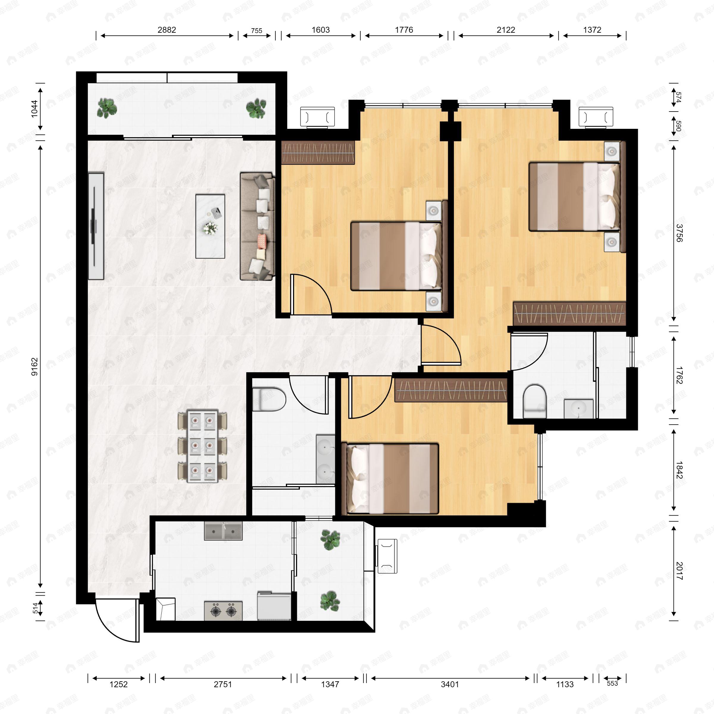 3室2厅2卫建面118平南户型图