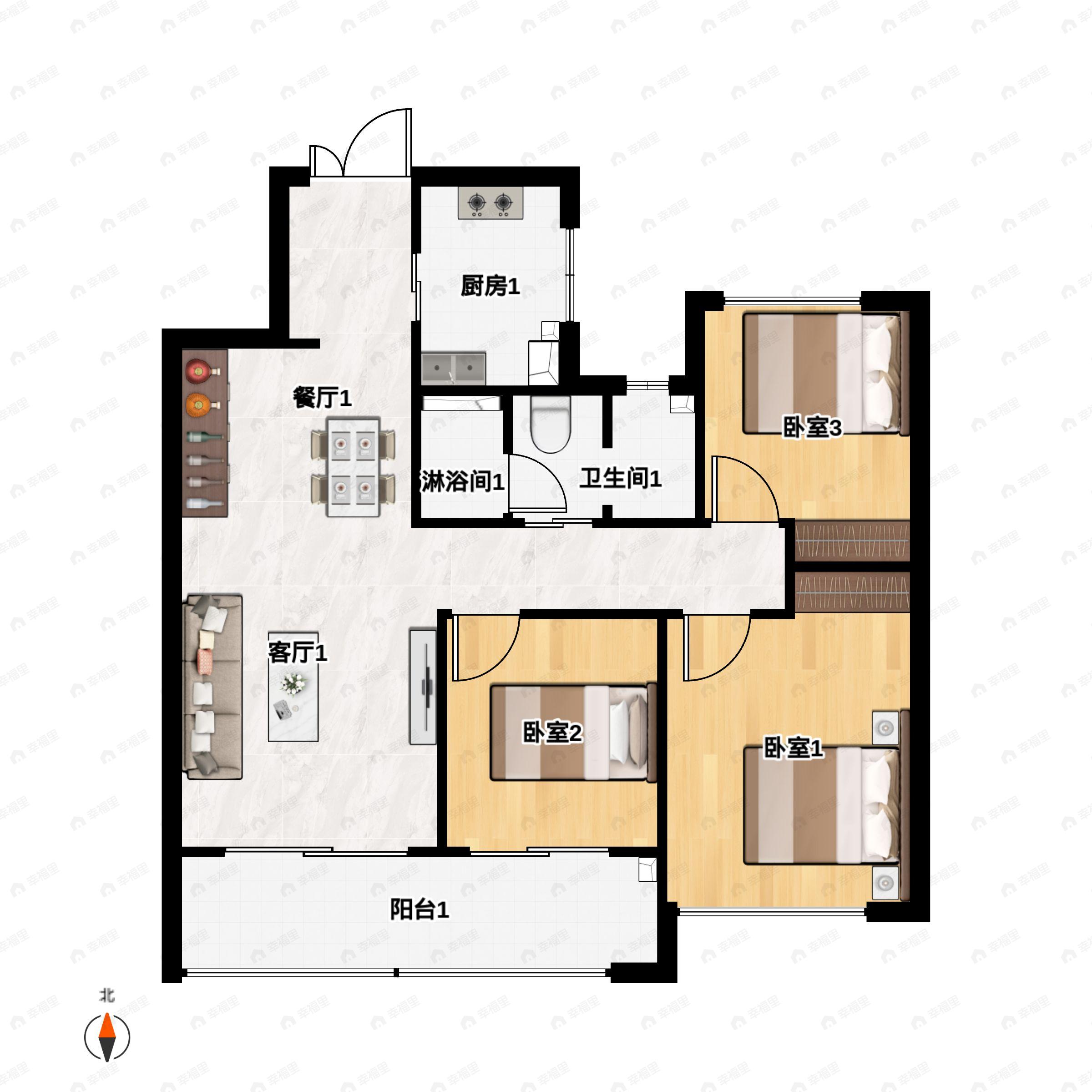 3室2厅1卫建面100m²南户型图