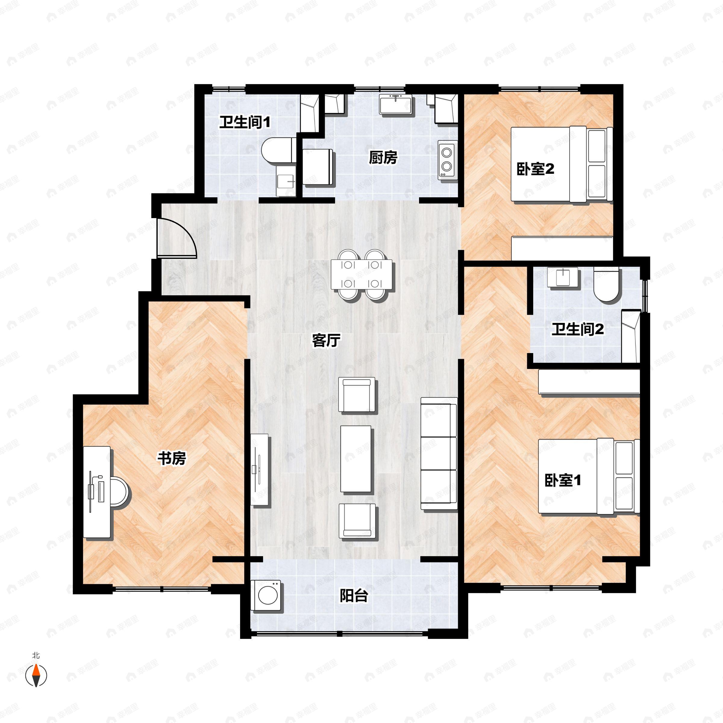 3室2厅2卫建面98平户型图
