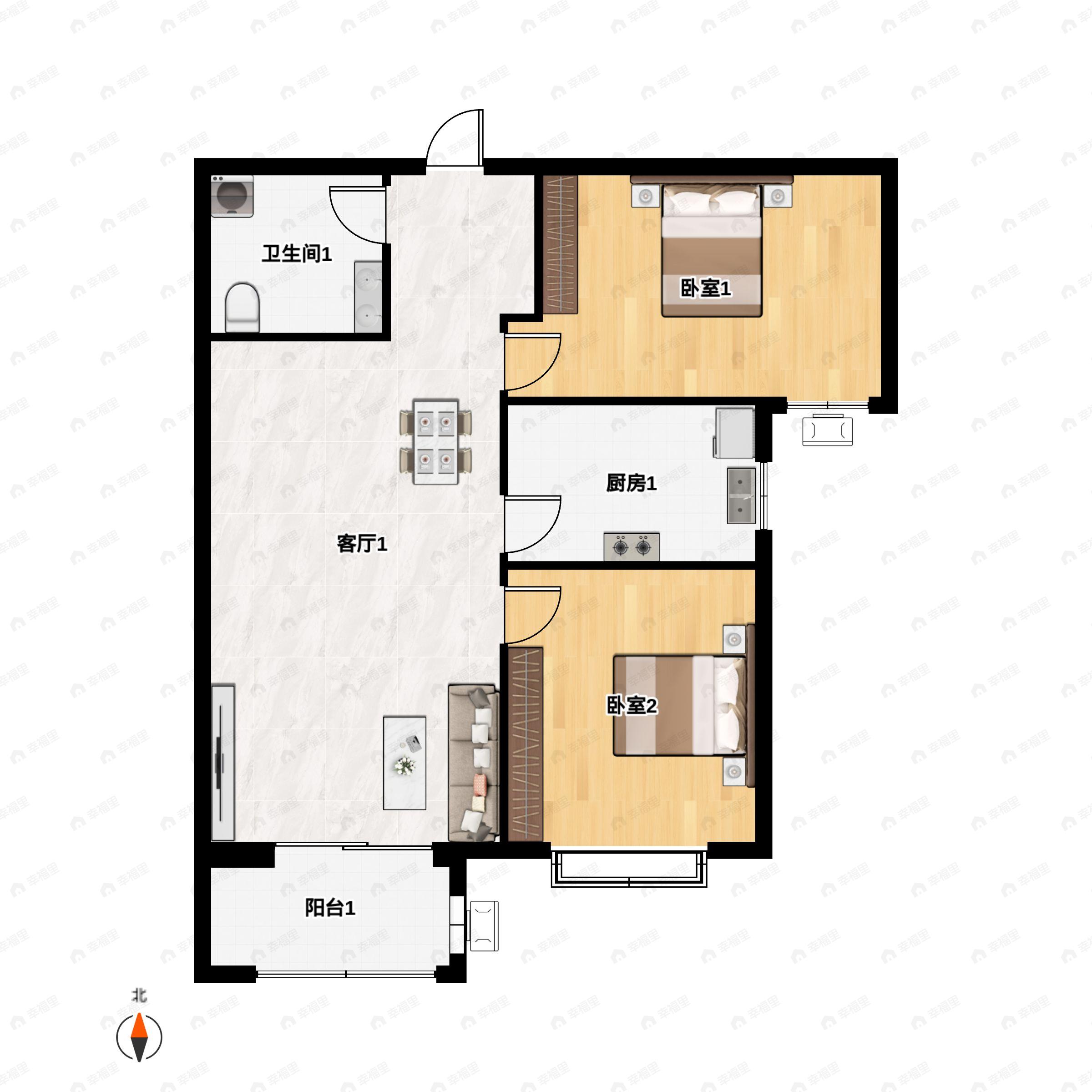 2室2厅1卫建面97m²北|南户型图