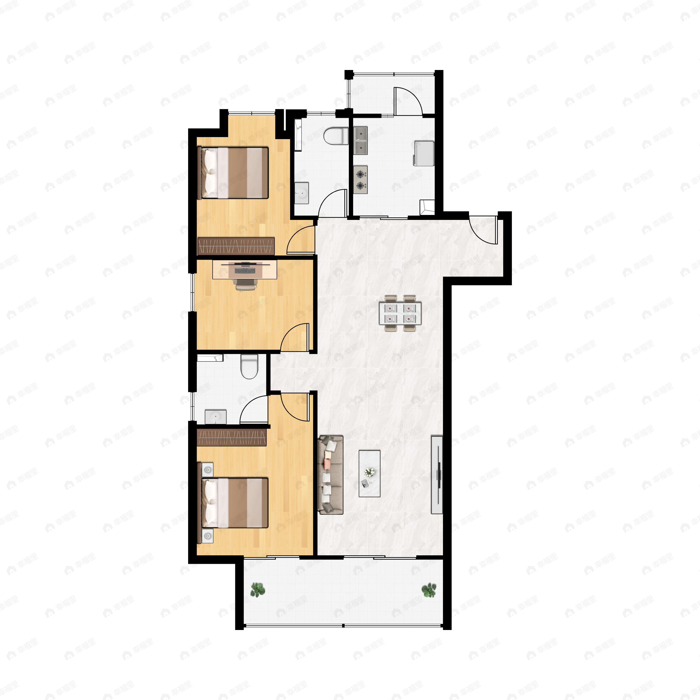 3室2厅2卫建面132m²南户型图