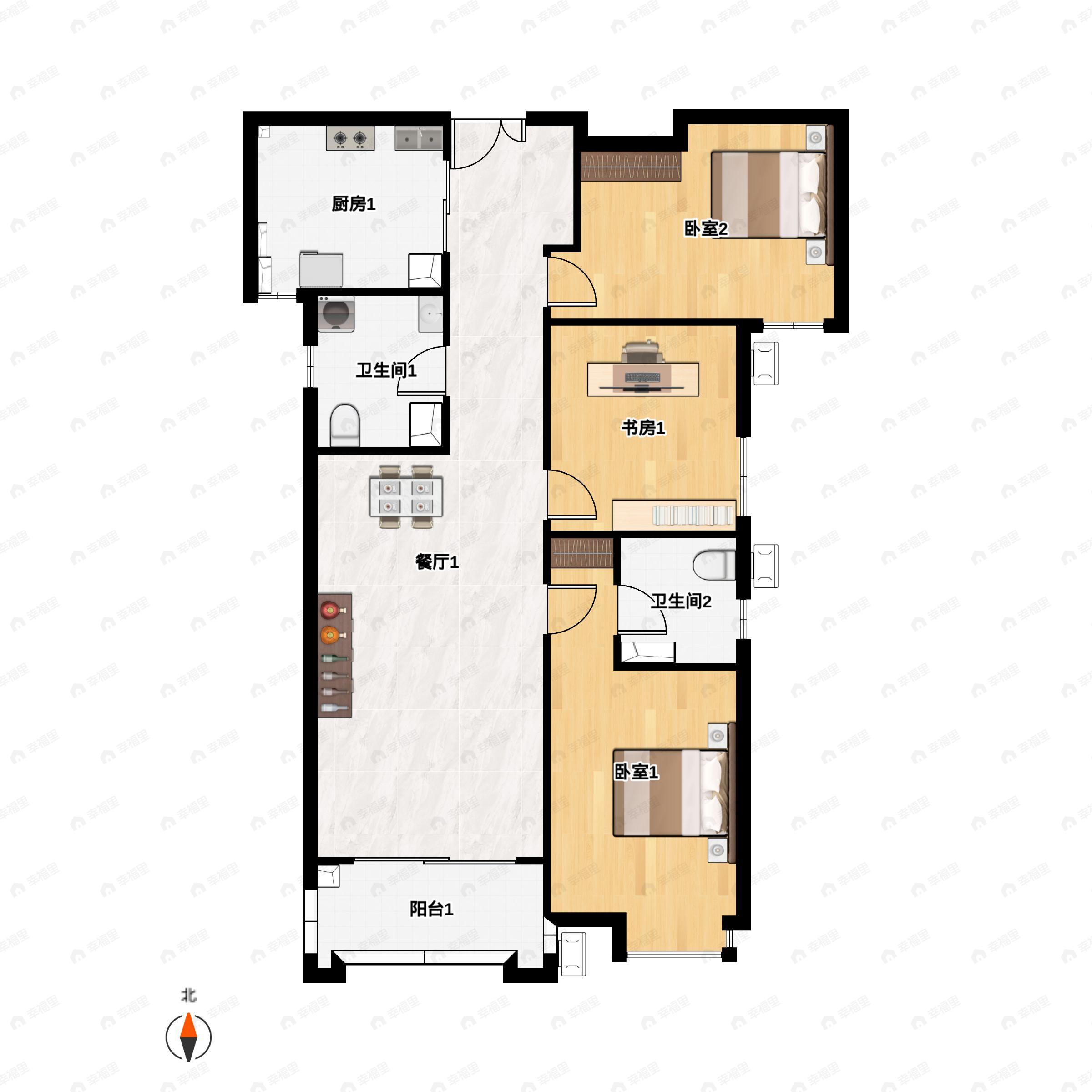 3室2厅2卫建面126平南户型图
