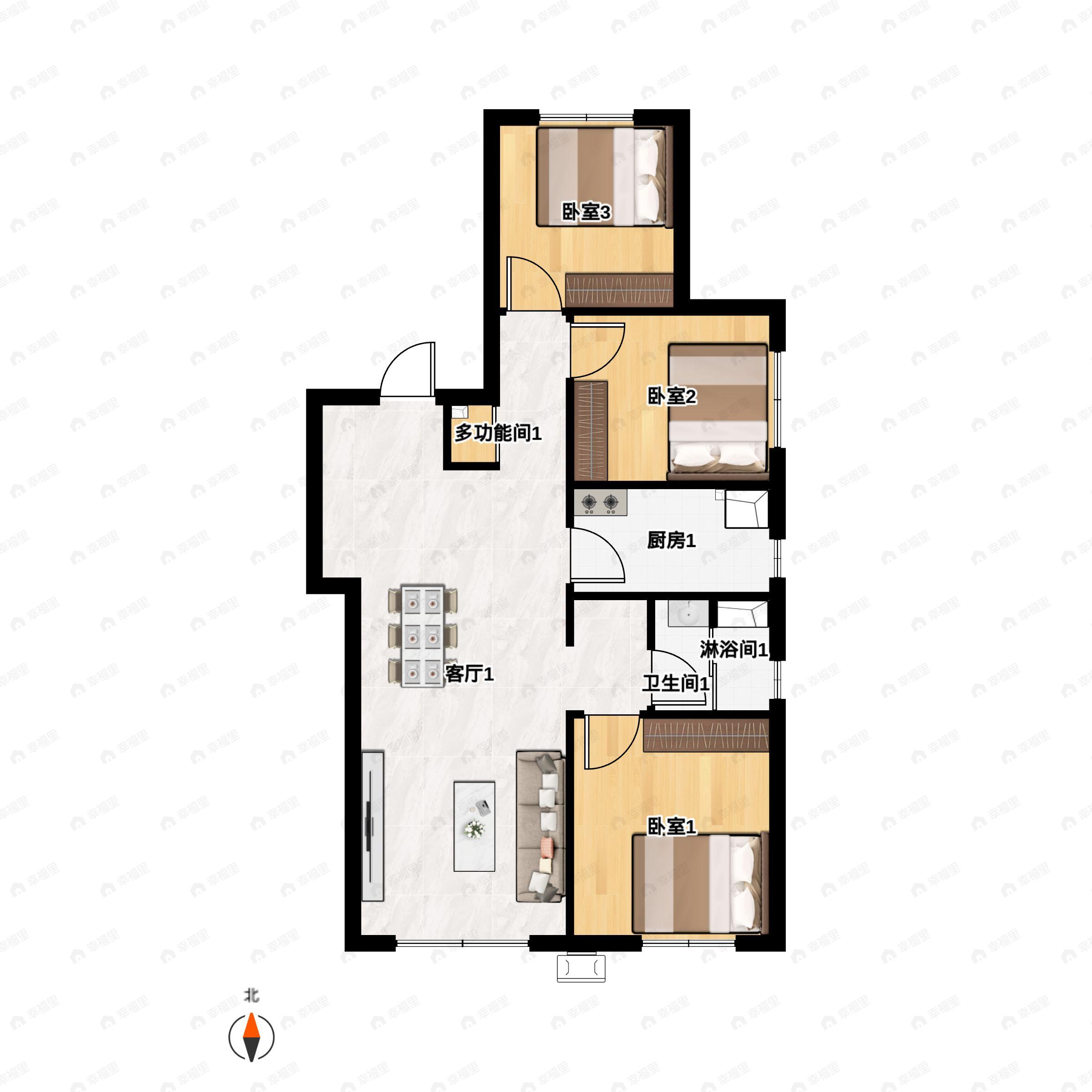 3室2厅1卫建面88m²北|南户型图