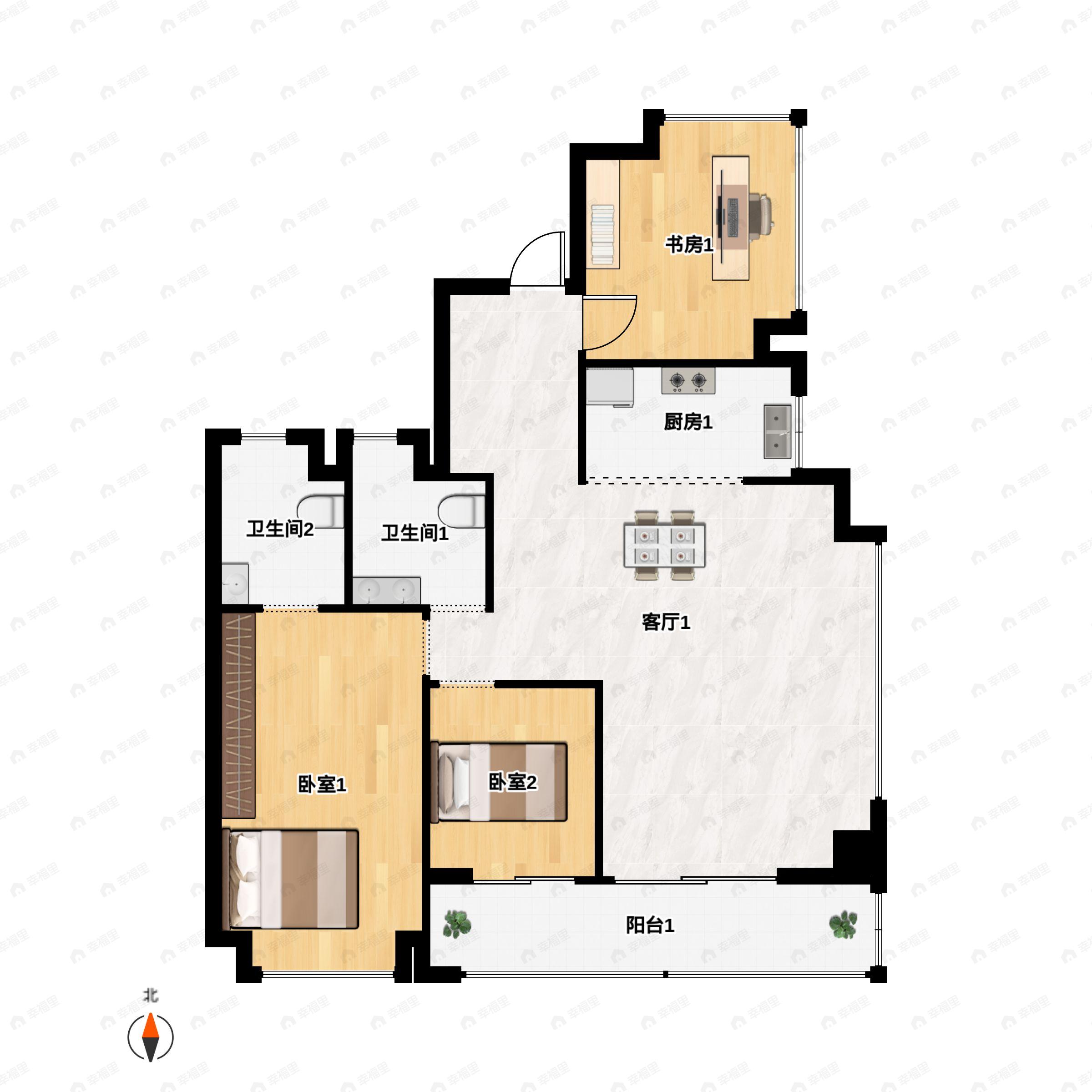 3室2厅2卫建面130m²户型图