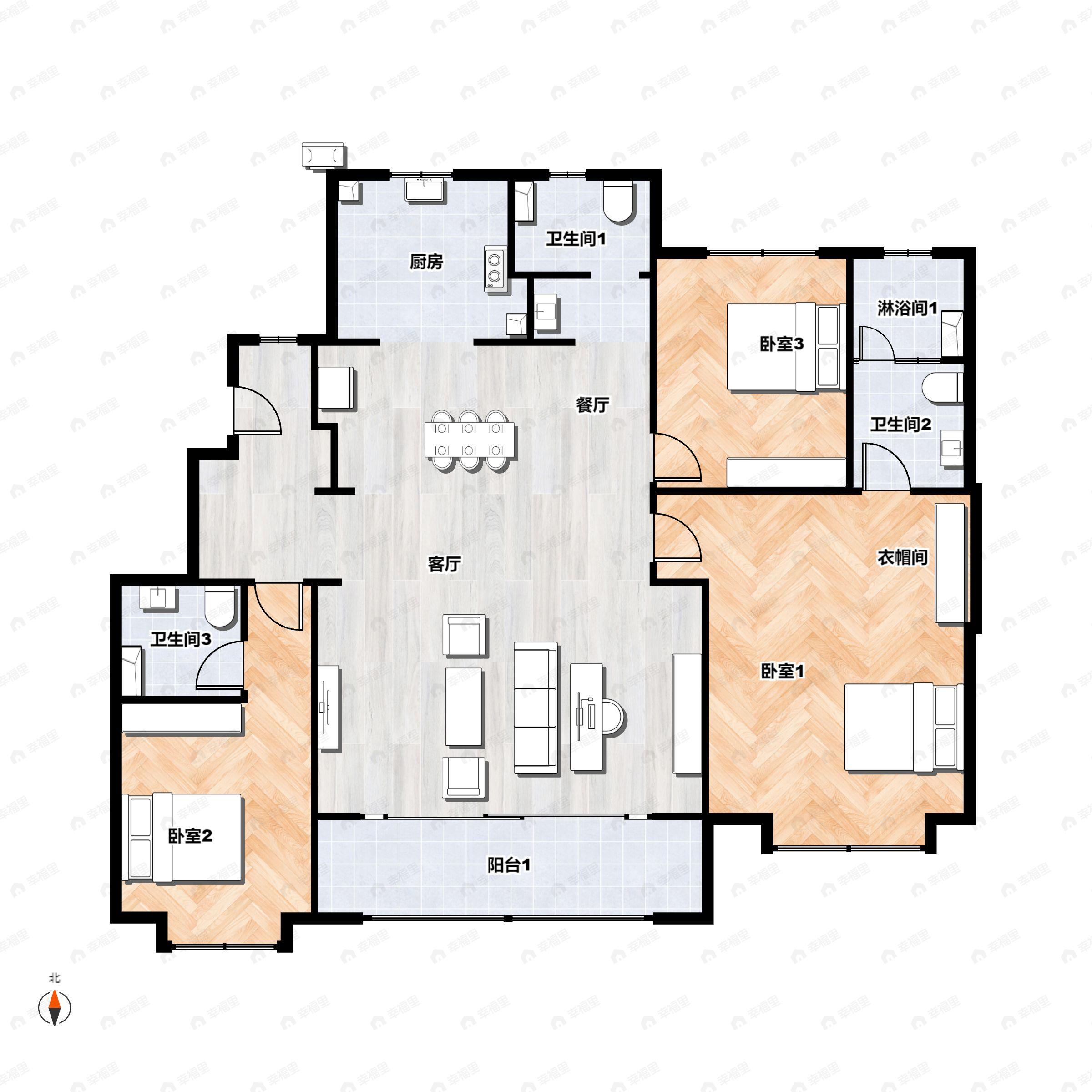 3室2厅3卫建面139平北|南户型图