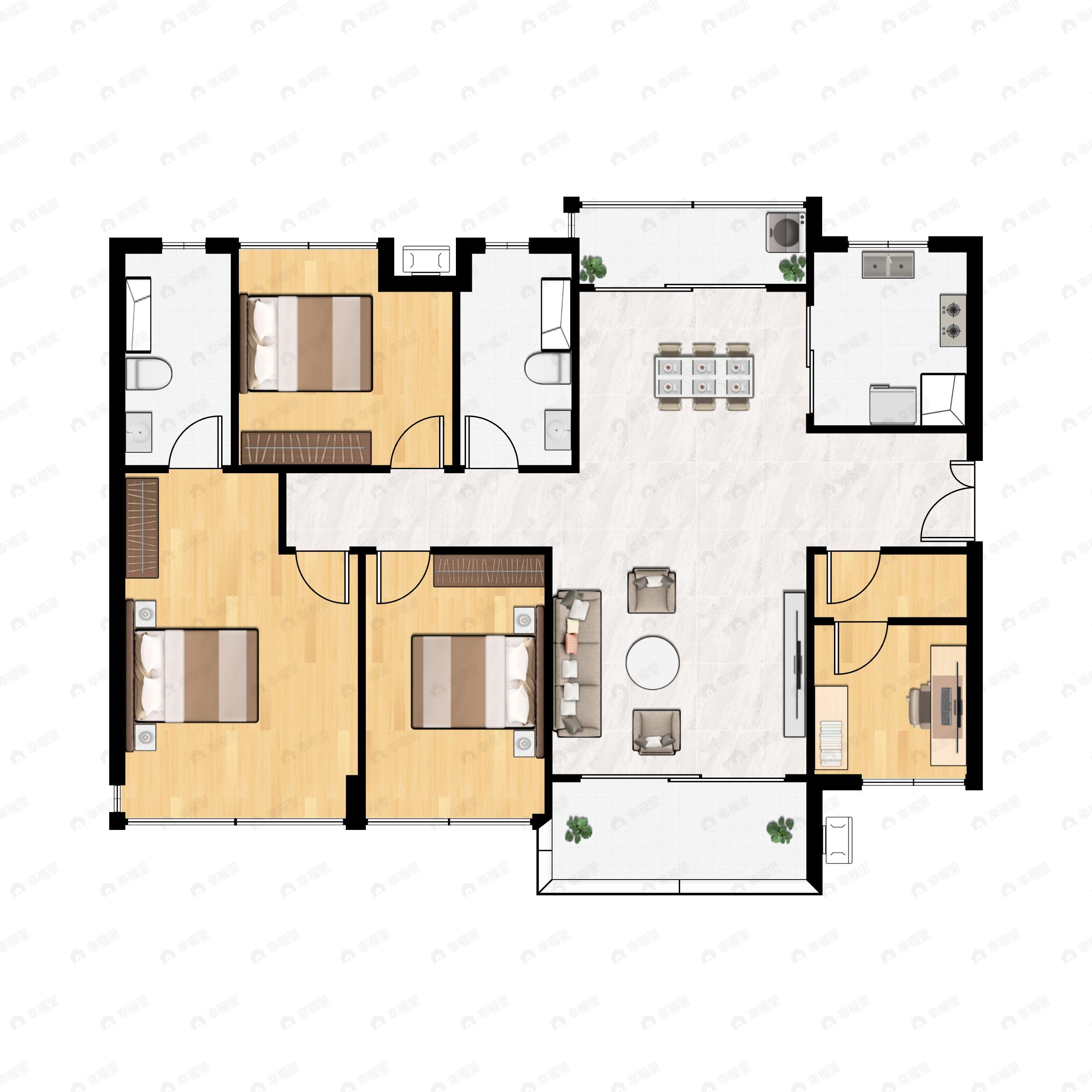3室2厅2卫建面107平南|北户型图