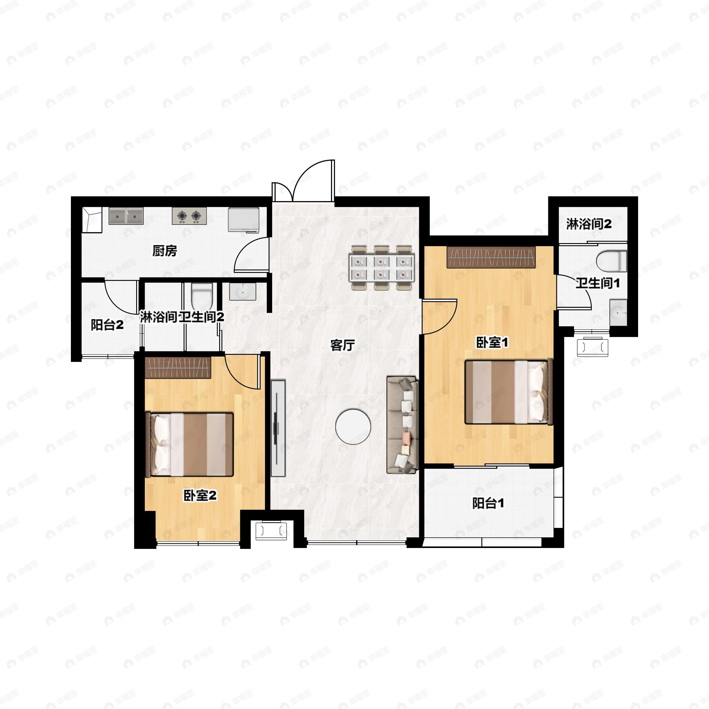 2室2厅2卫建面103m²东北户型图