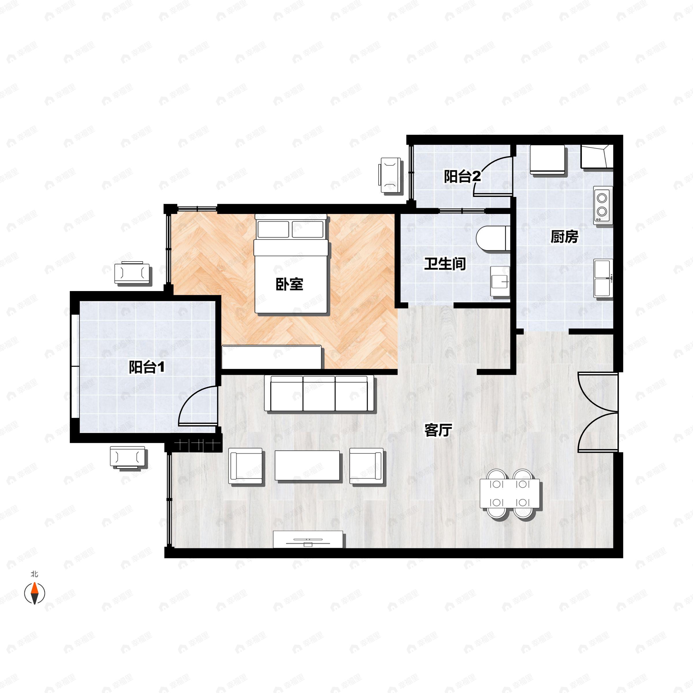 1室2厅1卫建面58m²西南户型图