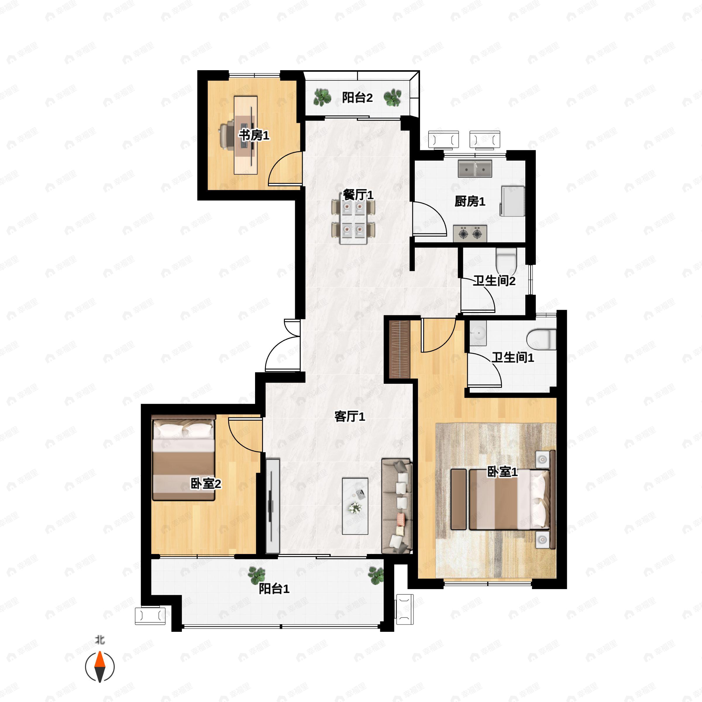 3室2厅2卫建面116m²南户型图