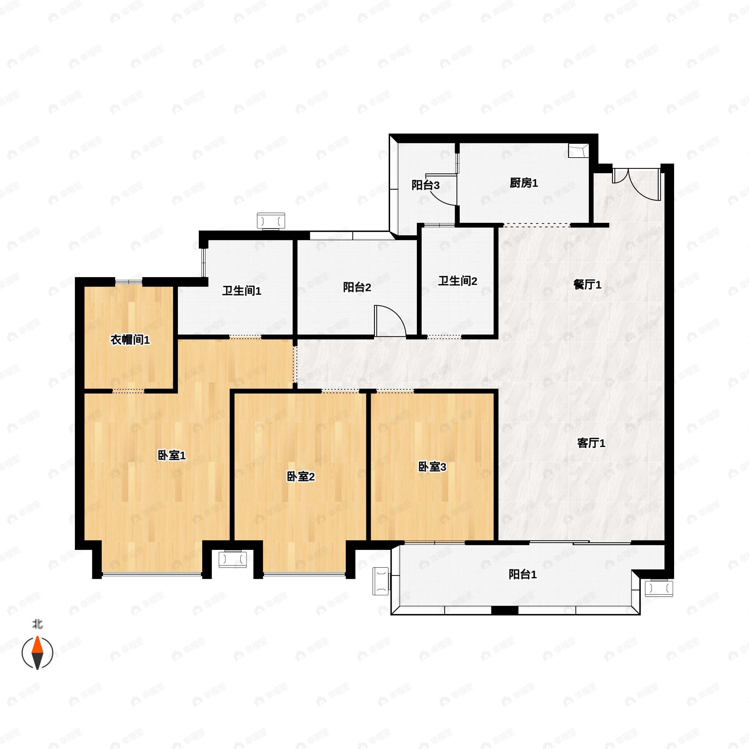 3室2厅2卫建面131平南户型图