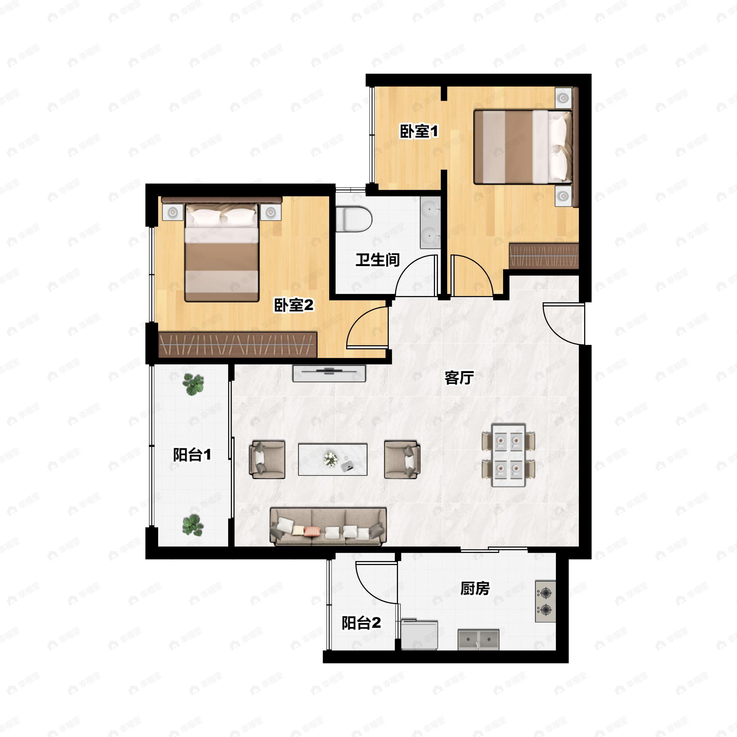 2室2厅1卫建面99m²东|西户型图